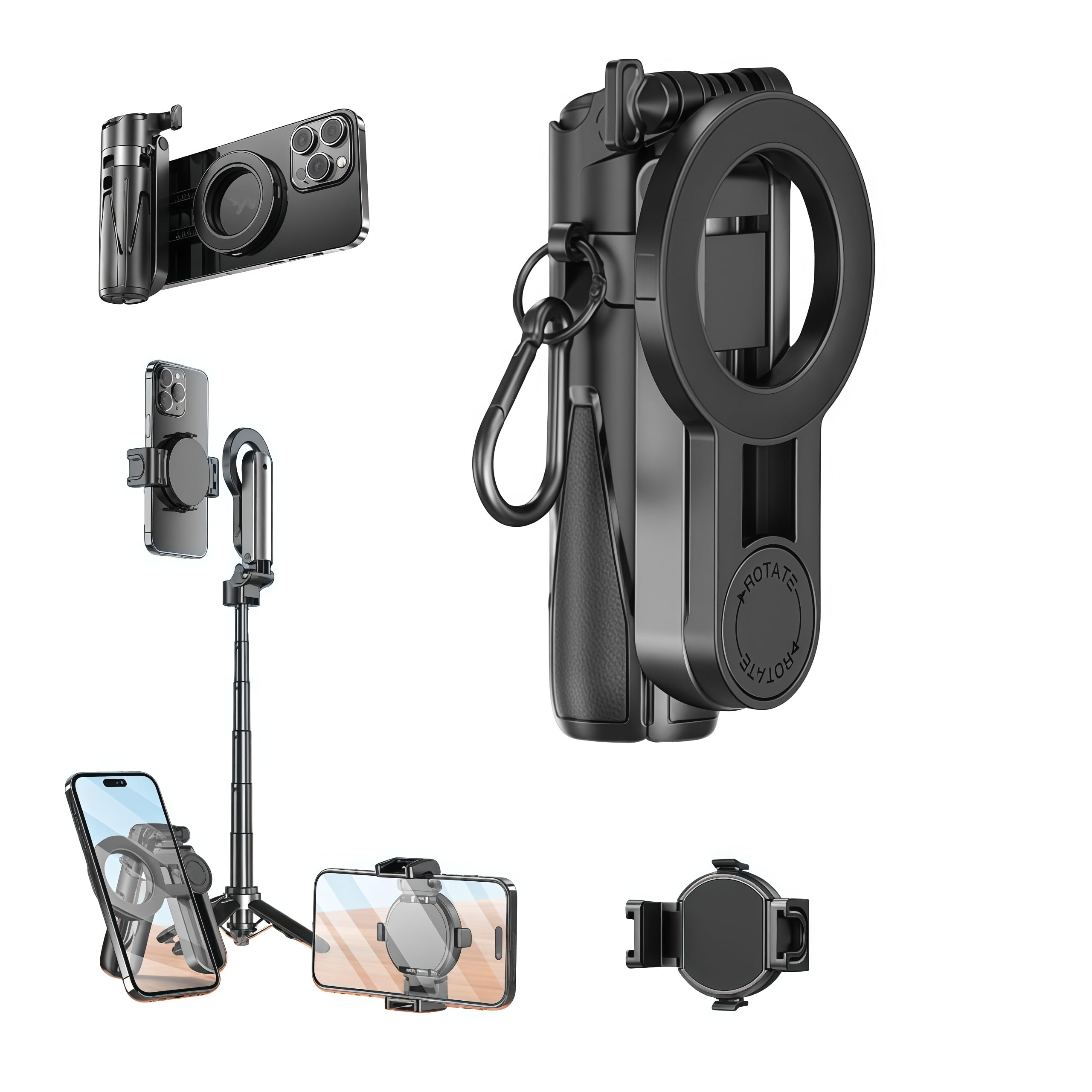 Bastone per selfie magnetico multifunzione 4 in 1, rotazione a 360°, per iPhone/Android, treppiede portatile estensibile con telecomando staccabile, supporto universale per telefono e anello in