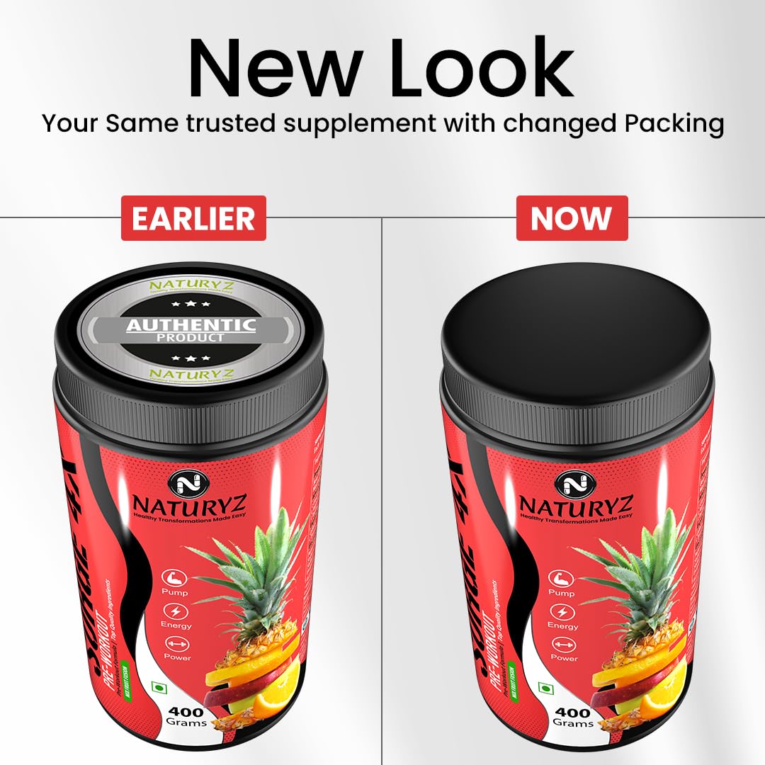 Naturyz Surge 4X Pre Workout, 400g Powder (Mix fruit fusion flavour) with 4000mg Beta-Alanine, 3500mg L- Citrulline,Creatine,L- Arginine & Aminos 1