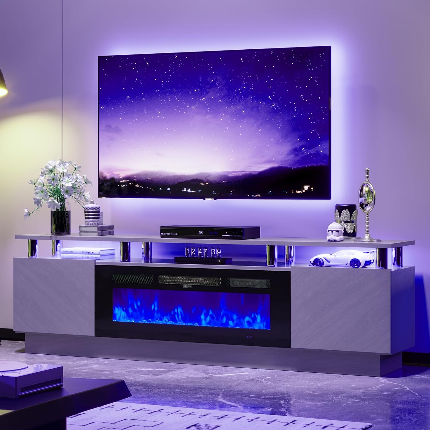 70" TV Stand for Living Room, Entertainment Center with Storage Cabinet, Fits TVs up to 80", Modern Media Console with Shelves, 36" Electric Fireplace (Grey+Black)