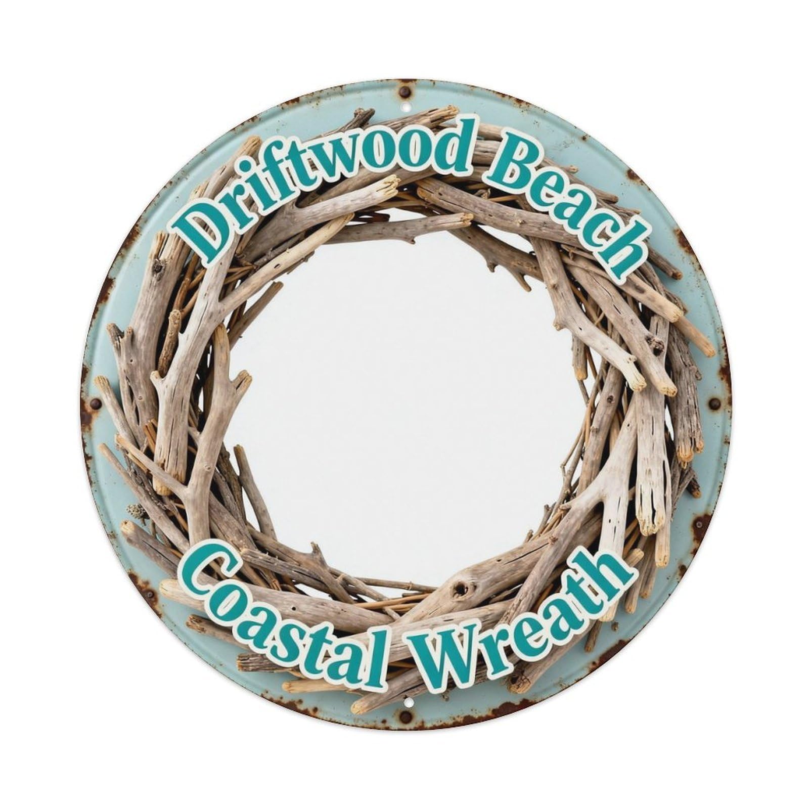 Driftwood Beach Coastal Wreath Metal Tin Sign Plaque