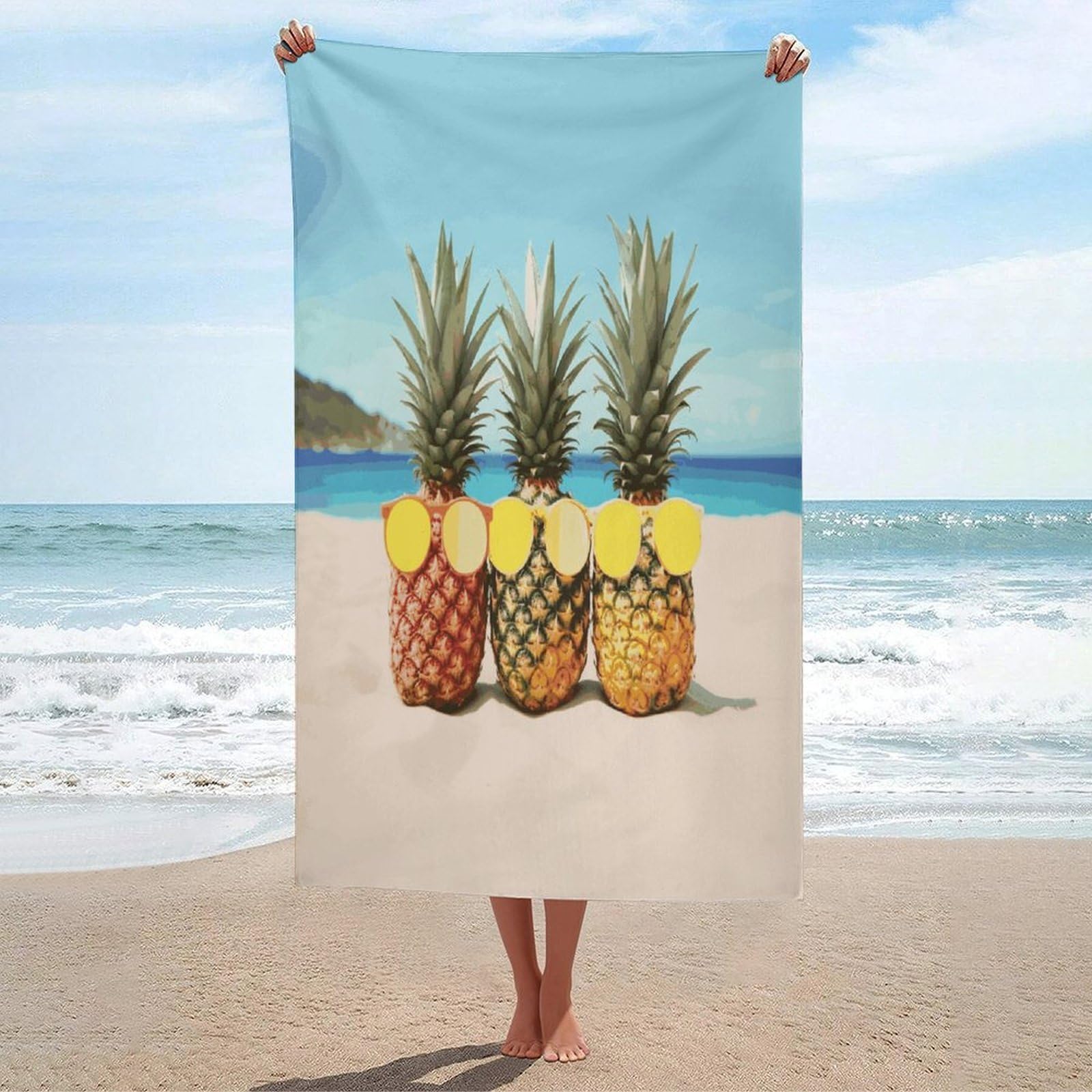 ADFGYERH Seaside Beach Yellow Geometric Pineapple Bath Towels Unisex, Beach Towel Lightweight Quick Dry, Bath Towel for Travel Sports Pool Swimming Bath Camping Yoga Adults130x80cm