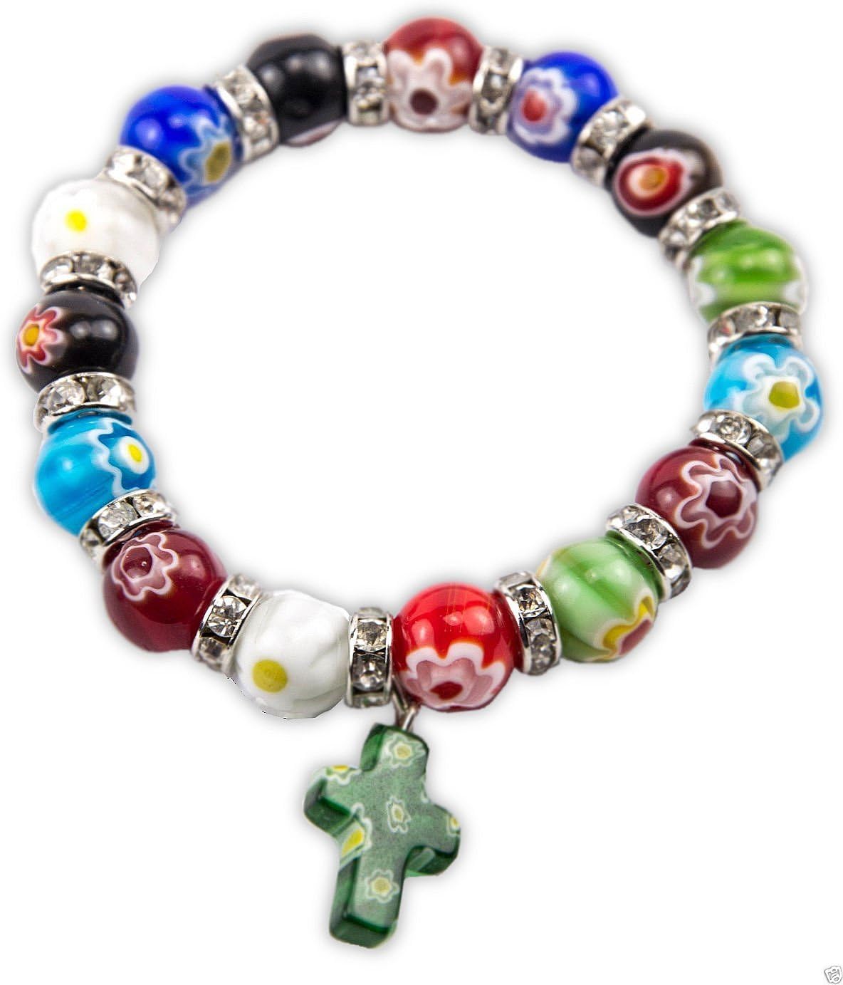 Millefiori Glass Bracelet with Cross Murano Glass Rainbow Beaded Bracelet Spiritual Handmade Religious Gift