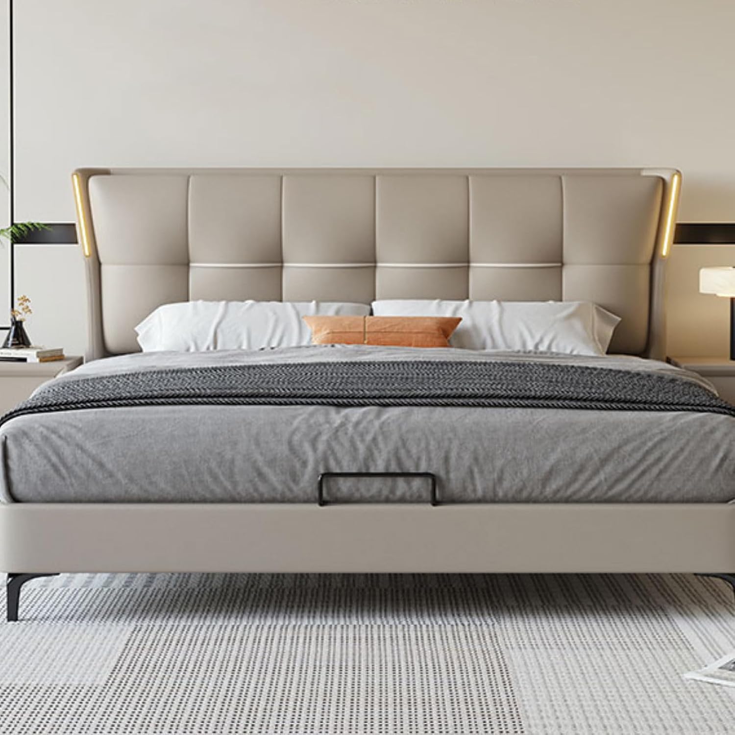 Modern Minimalist Queen Bed Genuine Leather Solid Wood Slats Support with LED Lights and Heavy Duty Wooden Slat Support Noise-Free Easy Assembly