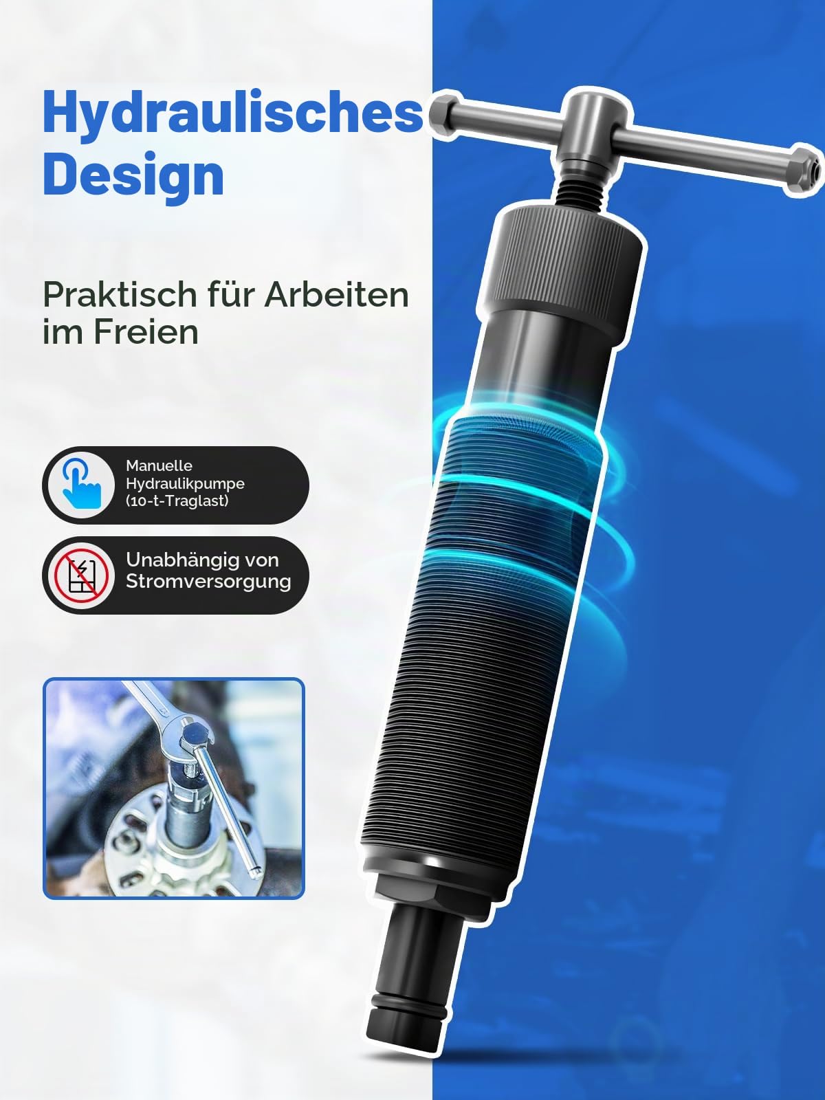 10T 8Tlg Hydraulischer Radnaben Abzieher Profi-Set, Universell für 4/5-Loch Felgen (96-125mm), Antriebswellen Ausdrücker mit Manueller Hydraulikpumpe und Schlaghammer
