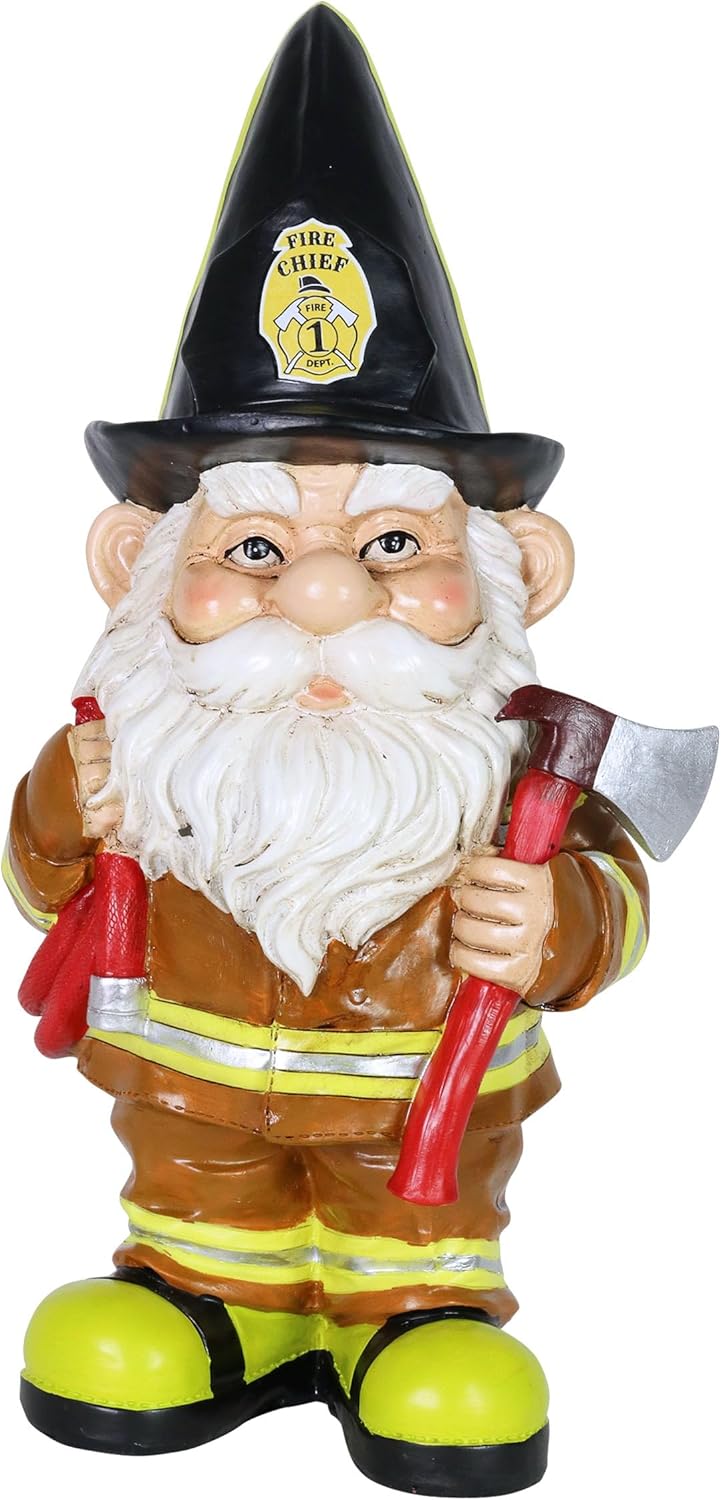Exhart Garden Gnome, Fireman Fred Garden Statue Sculpture with Axe and Hose, Outdoor Garden Decoration, 7.5 x 13.5 Inch