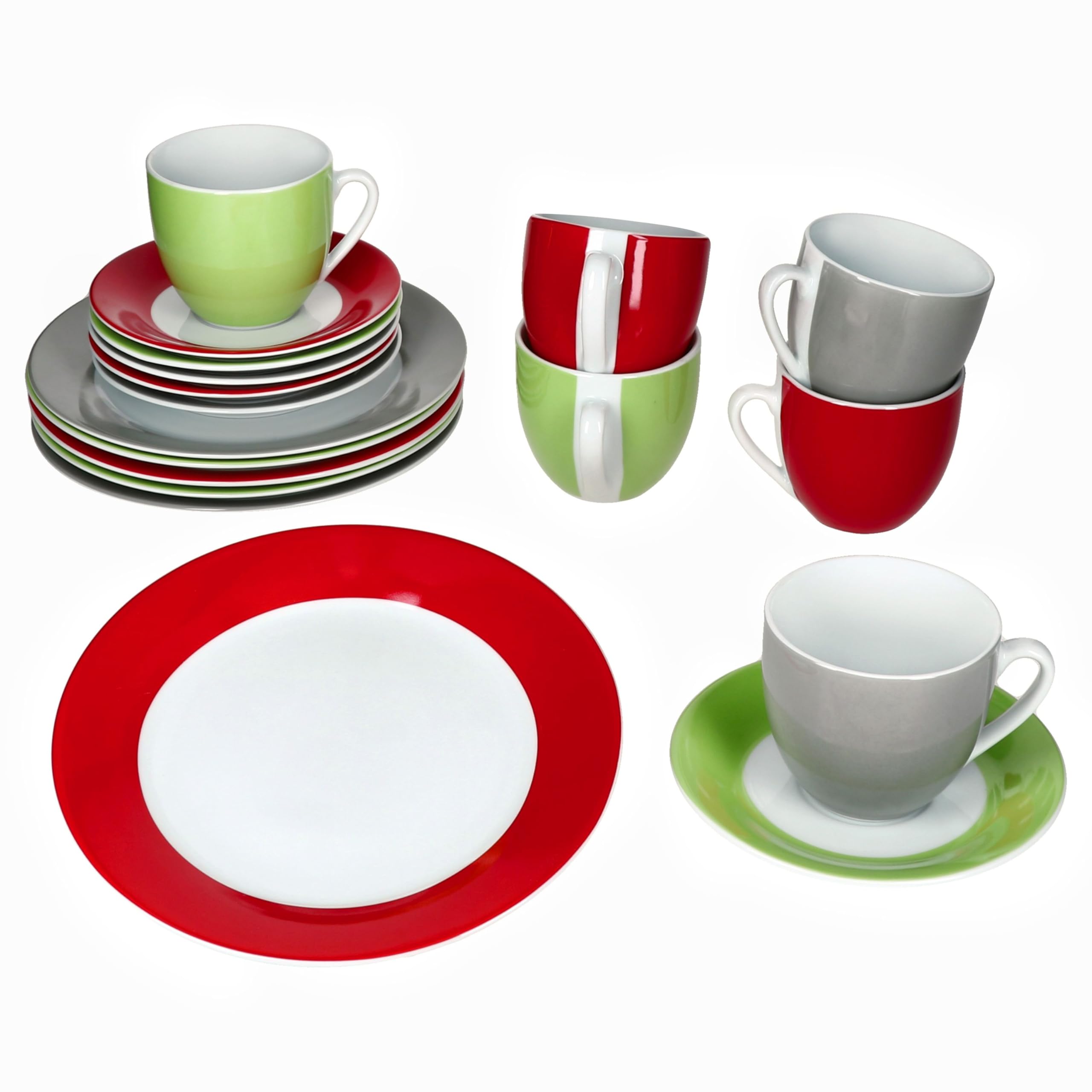 MamboCat Variant Trio 18tlg Kaffeeservice I farbige Porzellan-Kaffeeset für 6 Personen in Grün, Rot & Grau I Je 6X Kaffeetassen 200ml, Untertassen & Kuchenteller für Frühstück & Kaffee