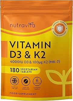 Vitamin D3 4000 iu & Vitamin K2 100μg (MK7) – 180 Vegetarian Tablets – 6 Month Supply - High Strength Vitamin D Supplement for Bones, Muscles & Immune System – Nutravita