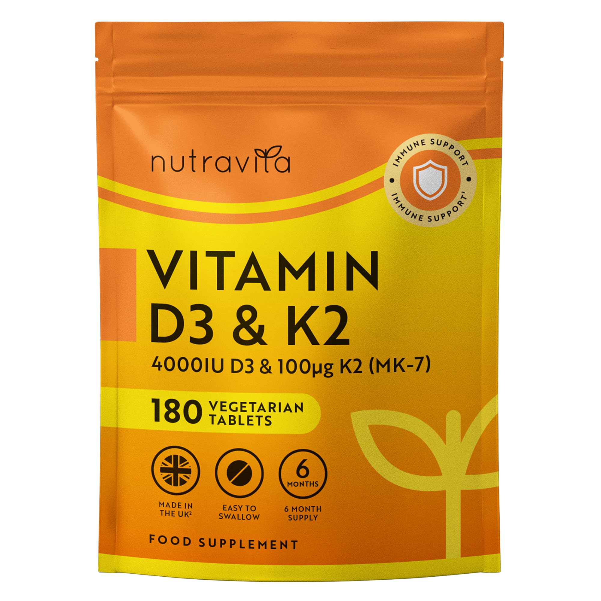 Vitamin D3 4000 iu & Vitamin K2 100μg (MK7) – 180 Vegetarian Tablets – 6 Month Supply - High Strength Vitamin D Supplement for Bones, Muscles & Immune System – Nutravita