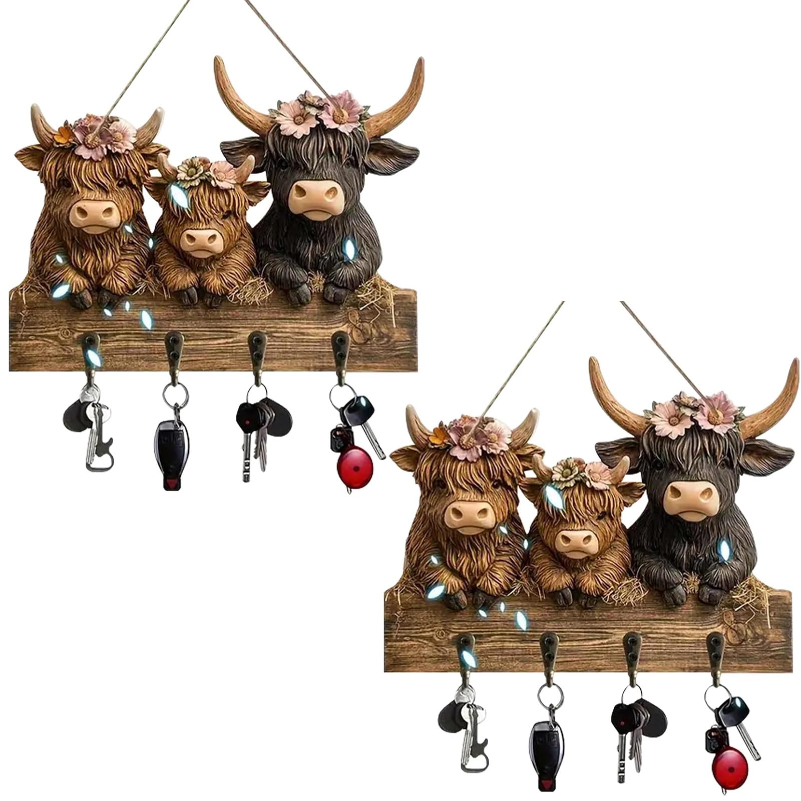 YOAOSER Highland Cattle Ornaments Key Holder,2D Flat Wall Mount Bullhead Animal Wooden Towel Hook Coat Hanger with 4 Hooks Black,Country-Style Wall Decorative for Entryway Hallway Farmhouse (2pcs)