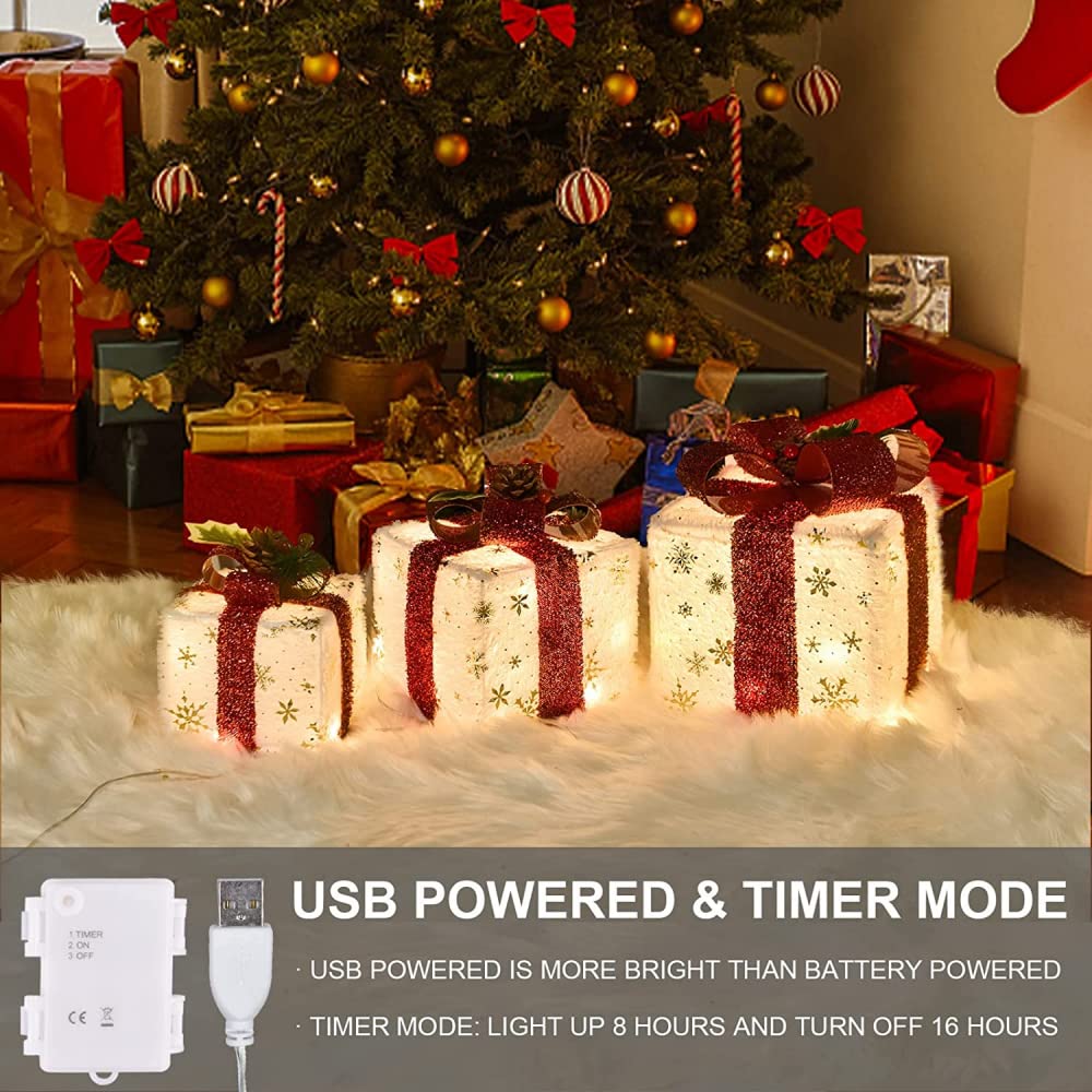 Cajas de regalo para Navidad, Juego de 3 cajas de regalo con iluminación navideña y adornos de cajas de regalo con luz LED de Papá Noel, 60 luces LED blancas cálidas for jardín