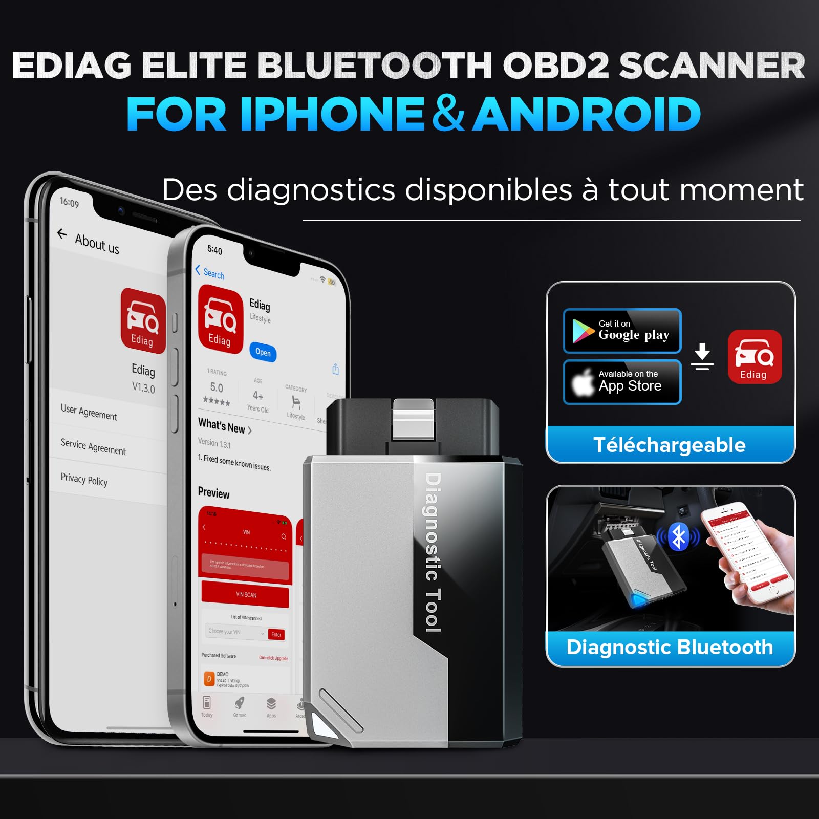 KINGBOLEN Ediag Elite OBD2 Diagnostic Français, Valise Diagnostic Auto avec Test Actif, 15+ réinitialisations, Outil de Diagnostic de Voiture pour Tous Les systèmes, Mise à Jour Gratuite à Vie