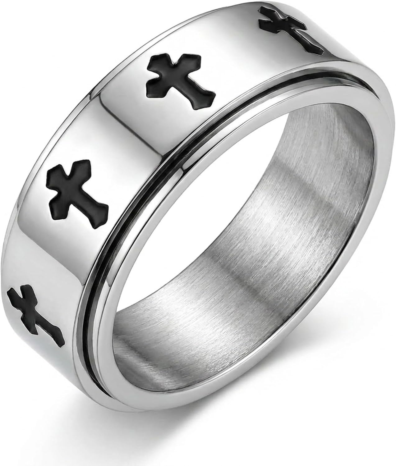 8mm Men Fidget Ring Cross Spinner Band-Stainless Steel/Gold/Black Inspirational Rings, Anxiety Men's Ring for Stress Relief, Hypoallergenic No Tarnish Ring Gift for Father Husband, Size 7-12