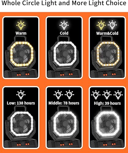 Miniatura 4 de ADUST Ventilador portátil para campamento, funciona con pilas, con luz LED, ventilador oscilante recargable de 20000 mAh con gancho colgante de Negro