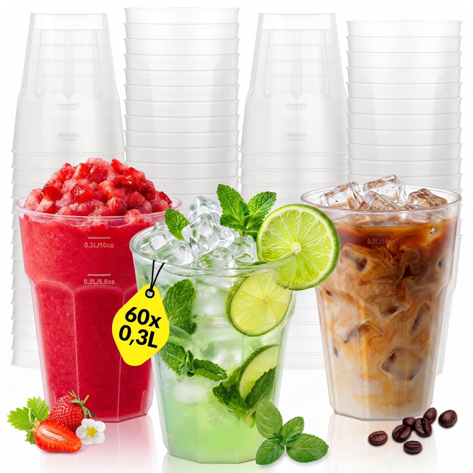 60 Stück Partybecher Mehrwegbecher 0,3L / 10oz, bruchsichere Cocktail Becher aus Hartplastik,neuneckig & stabil, Party Plastikbecher für Events, Gastronomie & Hochzeit