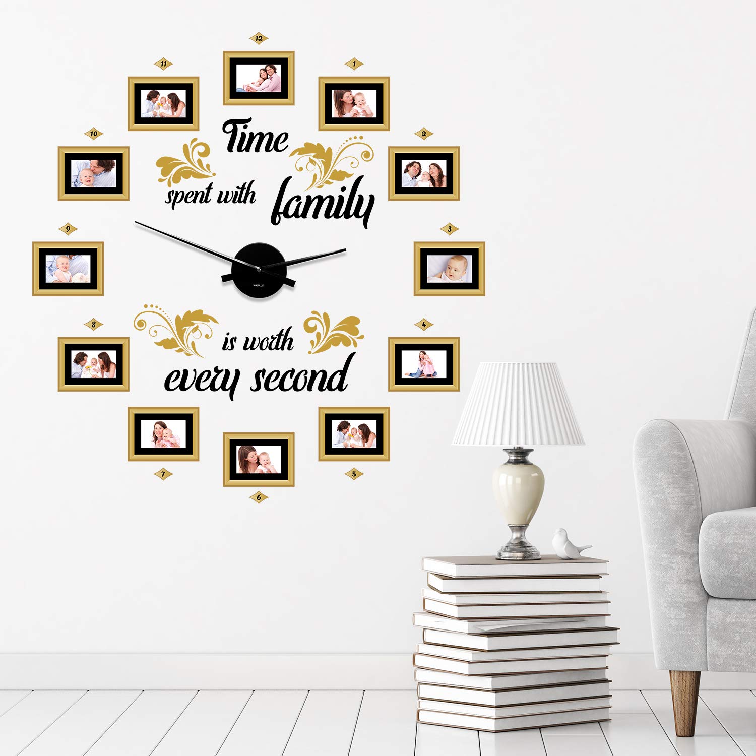 WALPLUS Family Time Classic Photo Frames Wall Clock Wall Art Home Living Room Kitchen Décor Restaurant Cafe Hotel Office Decoration Colourful Frameless Clocks for Bedroom