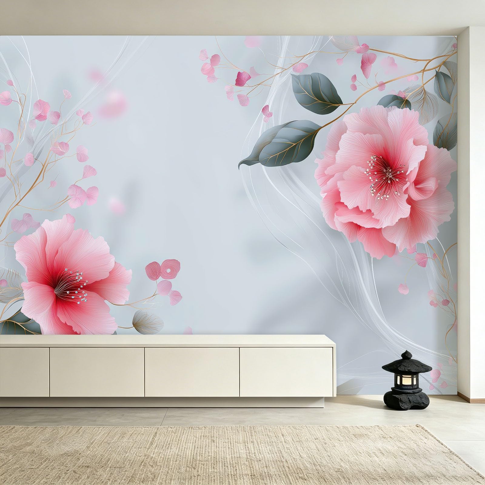 Générique Tapeta ścienna do salonu - kwiatowe płatki piwonii - 300x210cm Panoramiczna tapeta z włókniny, botaniczne linie falowane dekoracje ścienne 3D gobelin fotograficzny