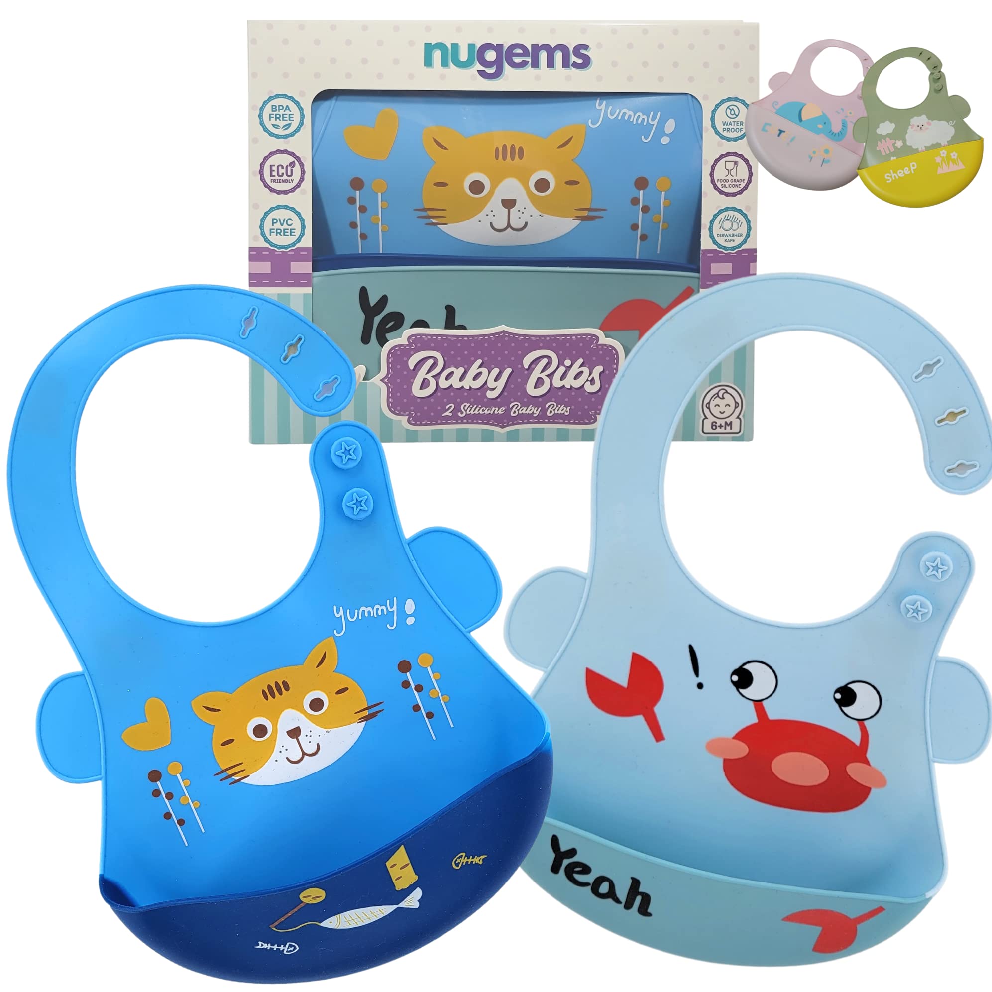 NUGEMS Silicone Baby Bibs for Babies, Toddlers (6-72 months) Silicone Bibs for Boy, Girl, Baby Gifts, Baby Shower 2 Pack