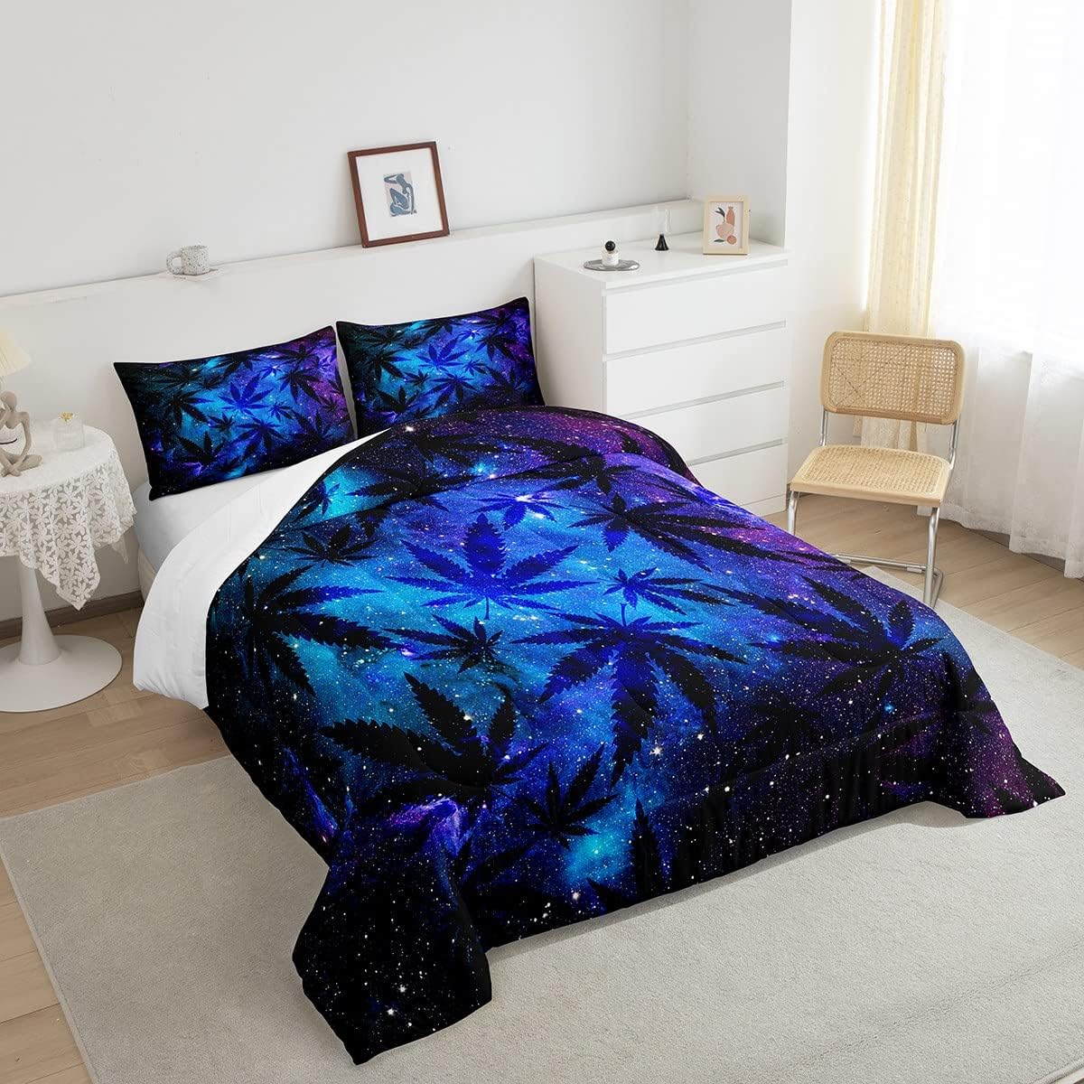 Feelyou Marijuana Leaf Comforter Set Queen Size Galaxy Cannabis Leaves Bedding Set for Kids Boys Adults Universe Outer Space Comforter Botanical Weed Hemp Quilted Duvet Set 3Pcs Bedroom Decoration