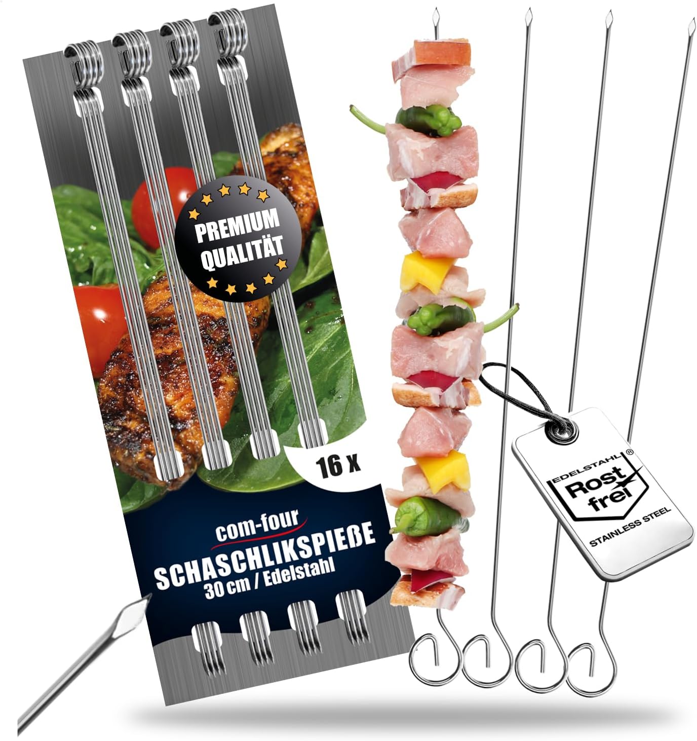 com-four 16 x Stainless Steel Kebab Skewers 30 cm Long Meat Skewers Premium Barbecue Skewers Vegetable Skewers in a Set for BBQ Grill Meat Kebab and Vegetables 30 cm - 16 Pieces
