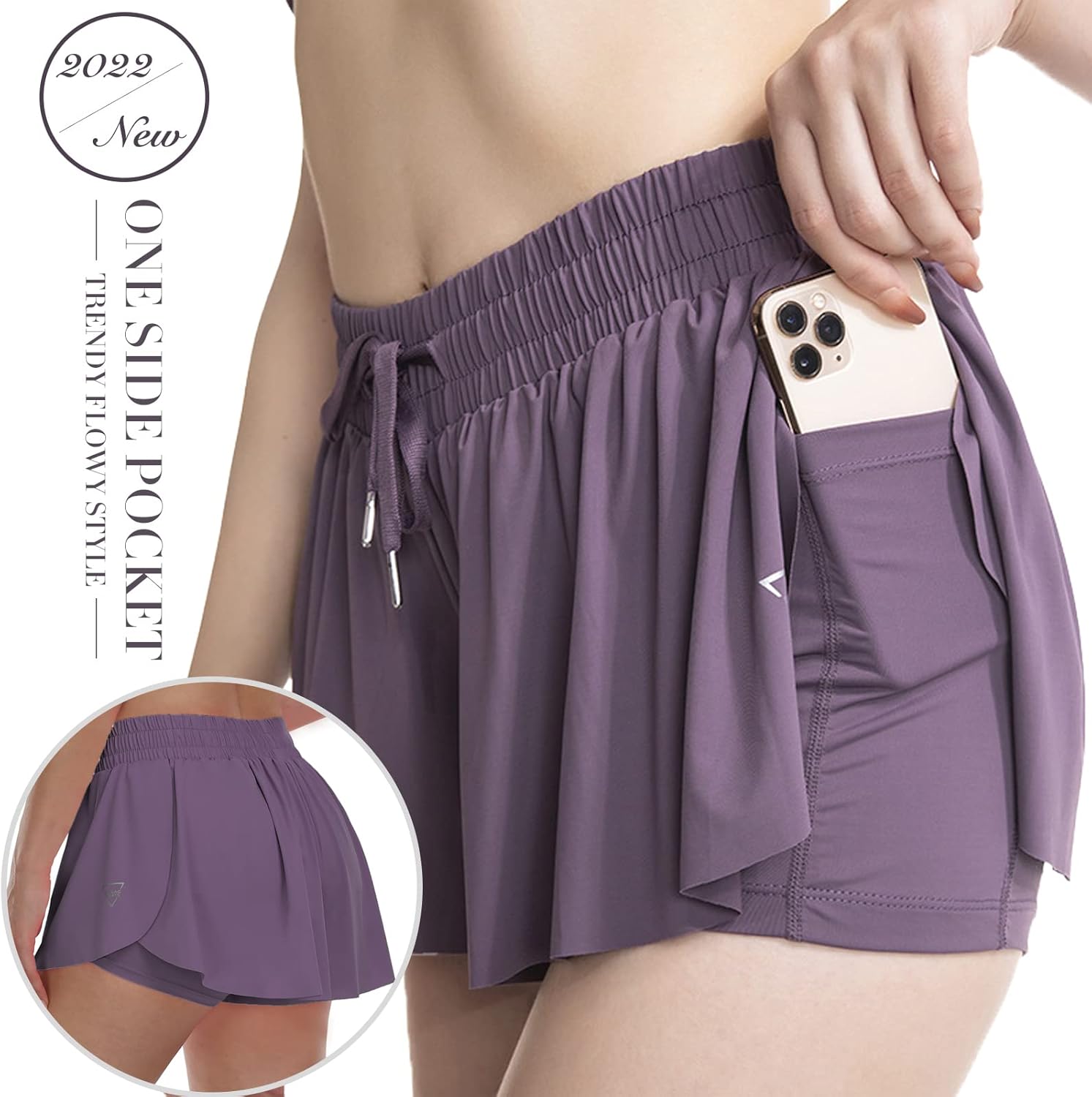 Womens 2 in 1 Flowy Athletic Shorts with Pocket Butterfly Running Workout Shorts Sweat Spandex Lounge Gym Yoga Summer Skirts - Image 2