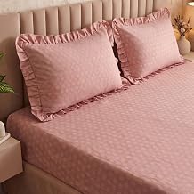 Dream Weaverz Abstract Boho Fitted Bedsheet with 2 Frill Pillow Covers | Double & King Size 182x198 cm | 360° Elastic | Pinterest Aesthetic | Fits Upto 72 X 78 inch Mattress | Pink