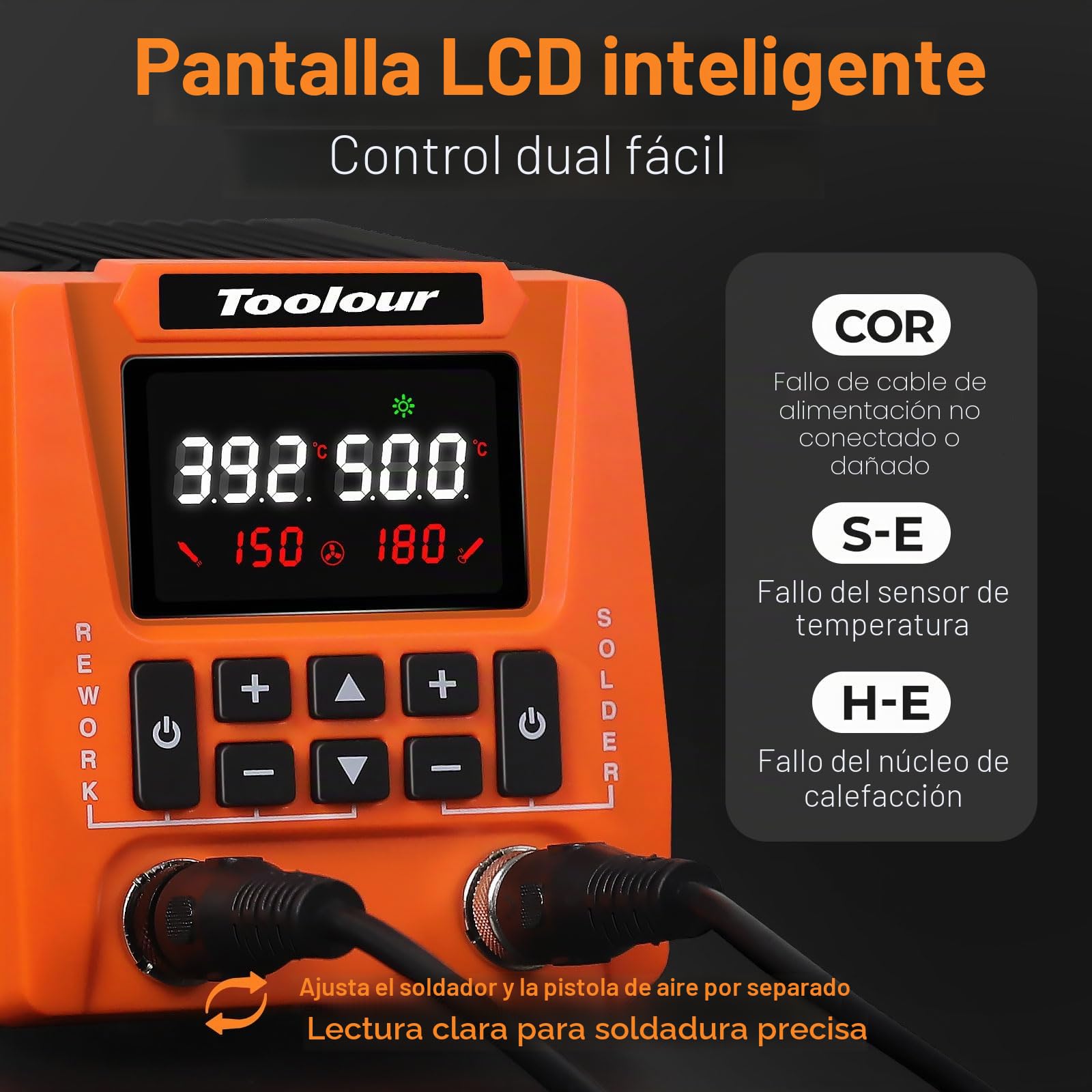 TOOLOUR Estación de soldadura 2 en 1 700W con pistola de aire caliente y soldador, pantalla LCD, control PID, temperatura ajustable 100–500°C, apagado automático, ideal para principiantes