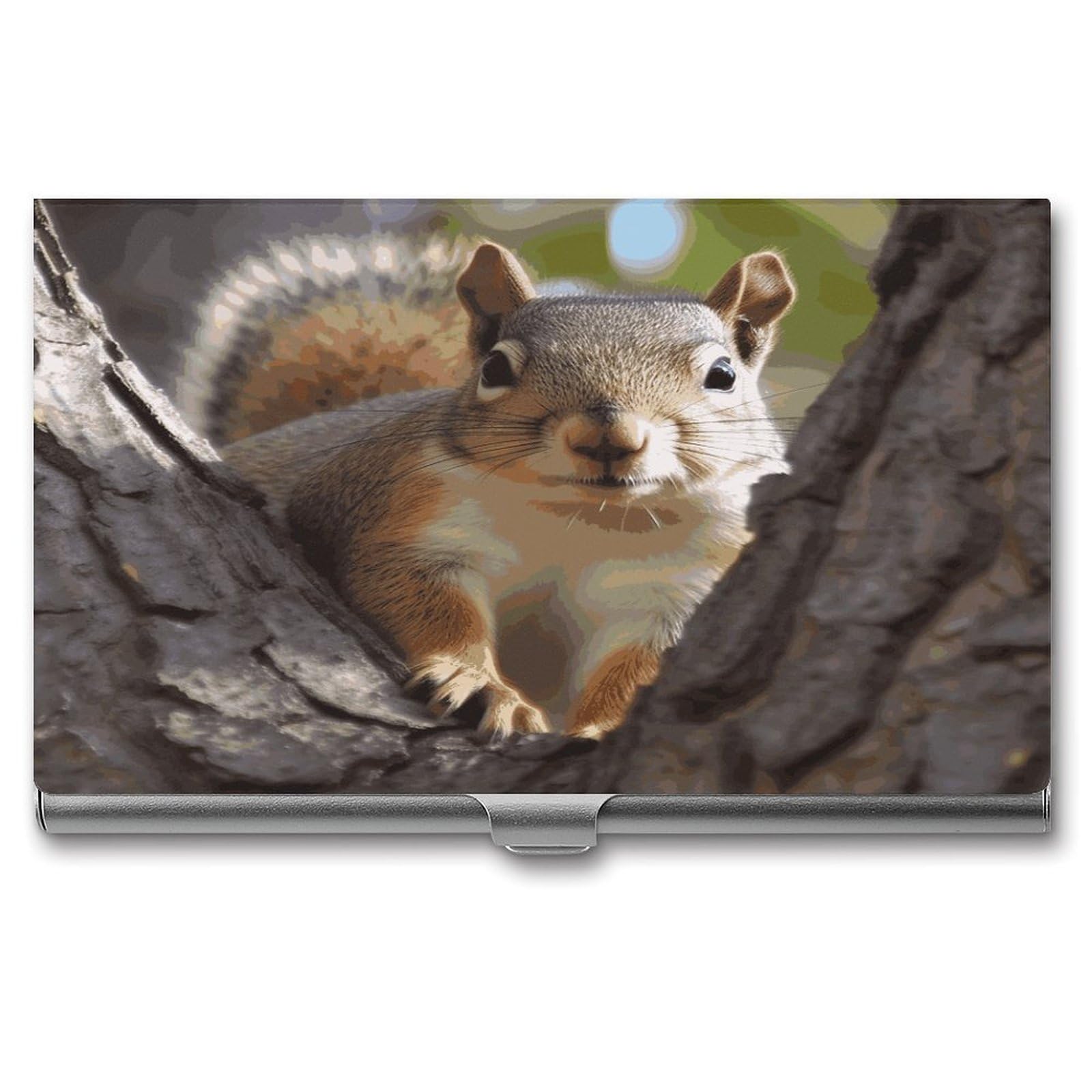 LDGSUPH Squirrel in The Tree Business Card Holder Fashion Slim Name Card Holder Minimalist Design Case Metal Card Carrier Personalized Business Card Case with Flip for Men Women