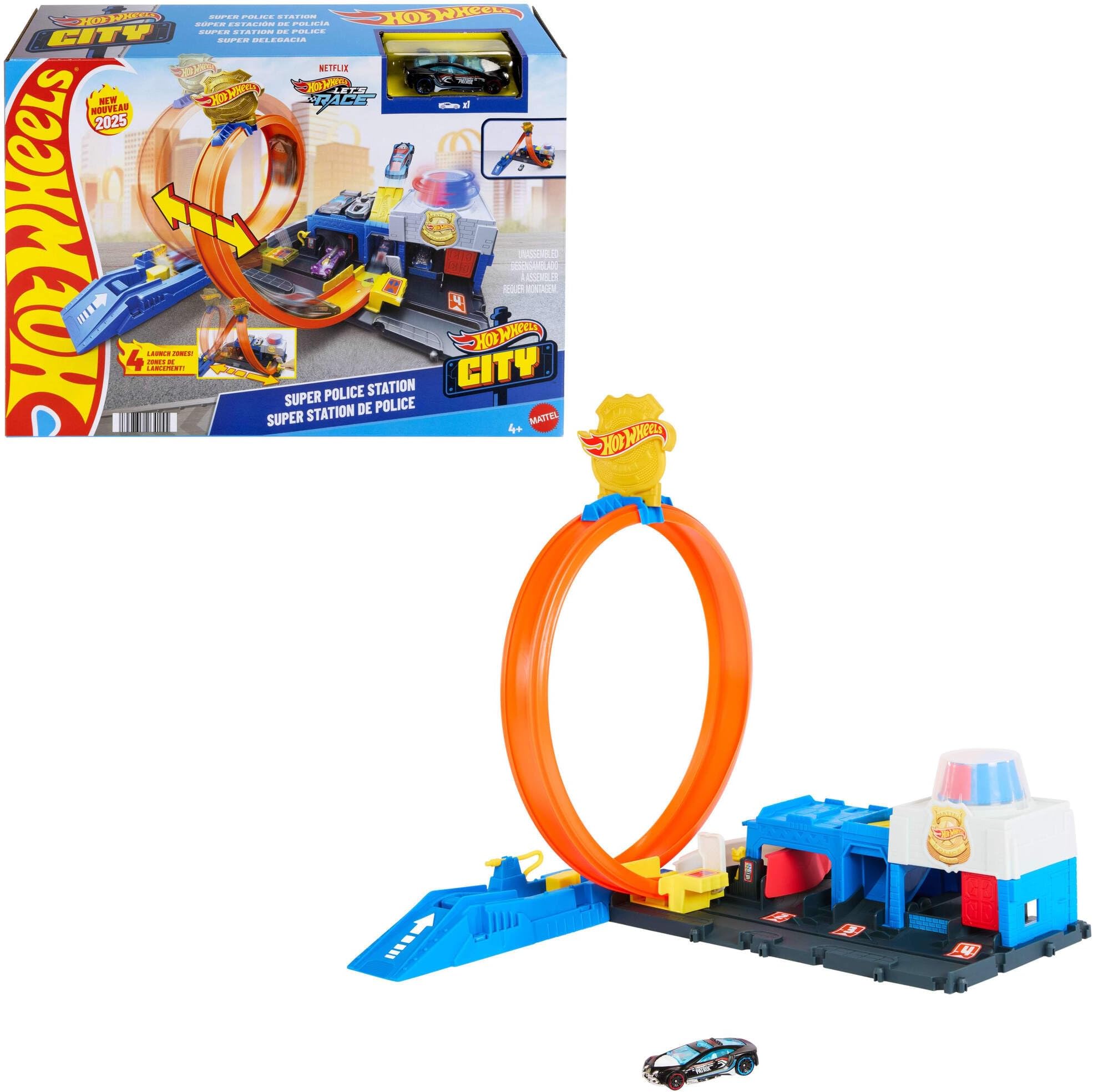 Toy Car Track Set, Super Police Station Playset with 1:64 Scale Die-Cast Vehicle, Adjustable Loop for Multiple Ways to Race & Stunt, JBM71