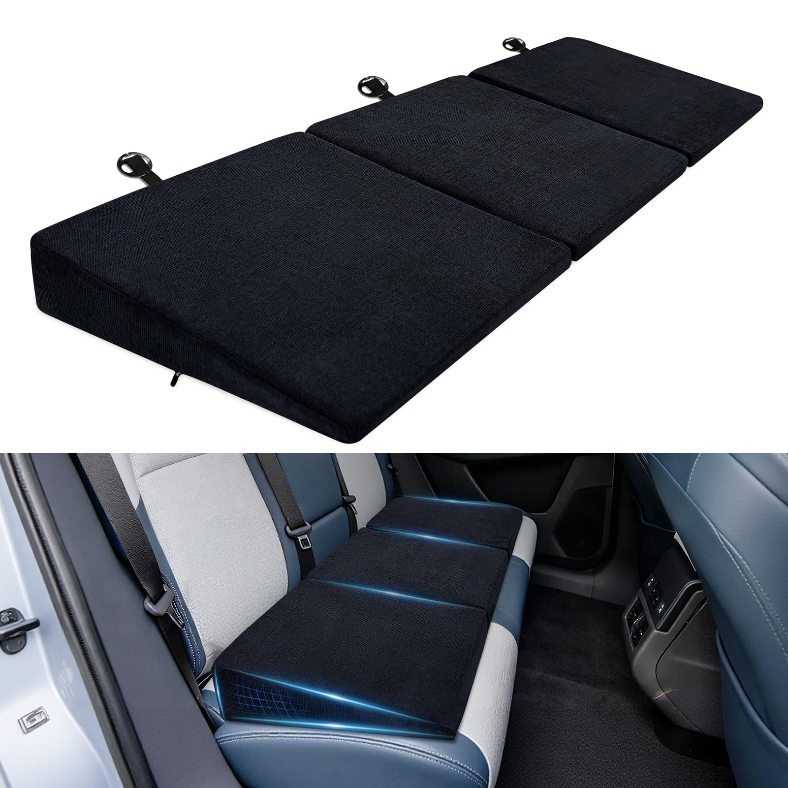 Photo 1 of JZHLLA Car Seat Wedge Cushion 3Pcs, Comfortable Car Back Seat Gap Filler to Level Car Backseat, Automotive Foam Wedge Pad for Travel Truck Camping Office & Napping, Black