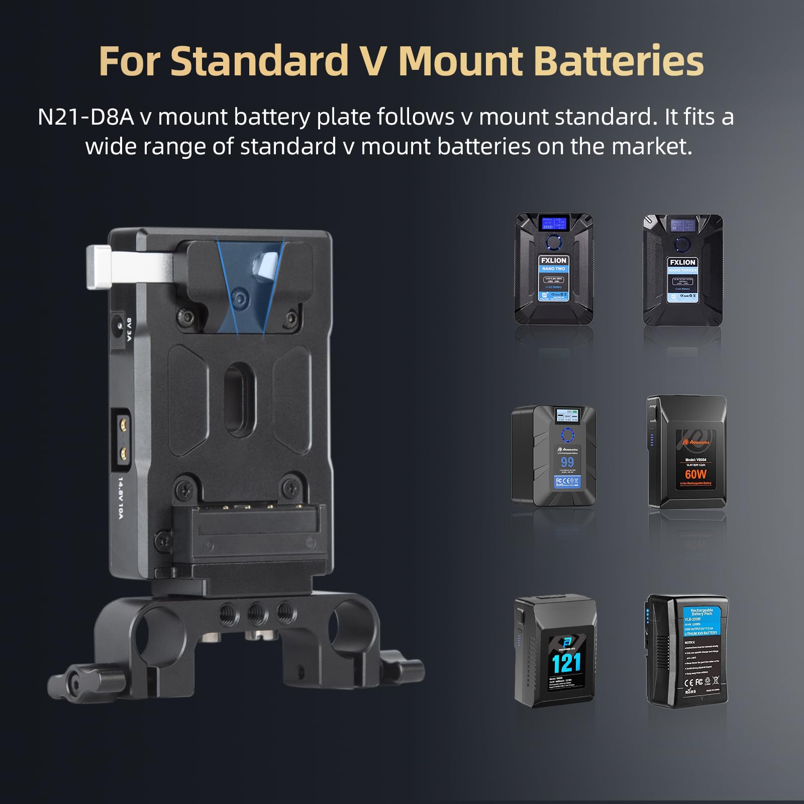 Nitze V Mount Battery Plate, V Mount Placa de la Batería con Entrada/Salida USB-C 60W (PD 3.0), Salida DC (8V/3A), D-Tap (14.8V/10A) y 15mm Rod Clamp para Fuente de Alimentación de Cámara - N21-D8B