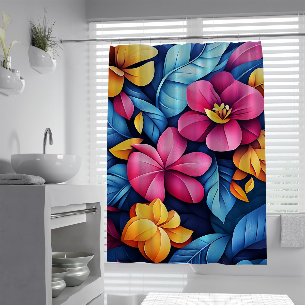 UIRINGART Vibrant Pink Yellow Frangipani Shower Curtain W150xL200cm Modern Tropical Leaves Pattern Polyester Waterproof Mildew Resistant Bath Decoration With Hooks