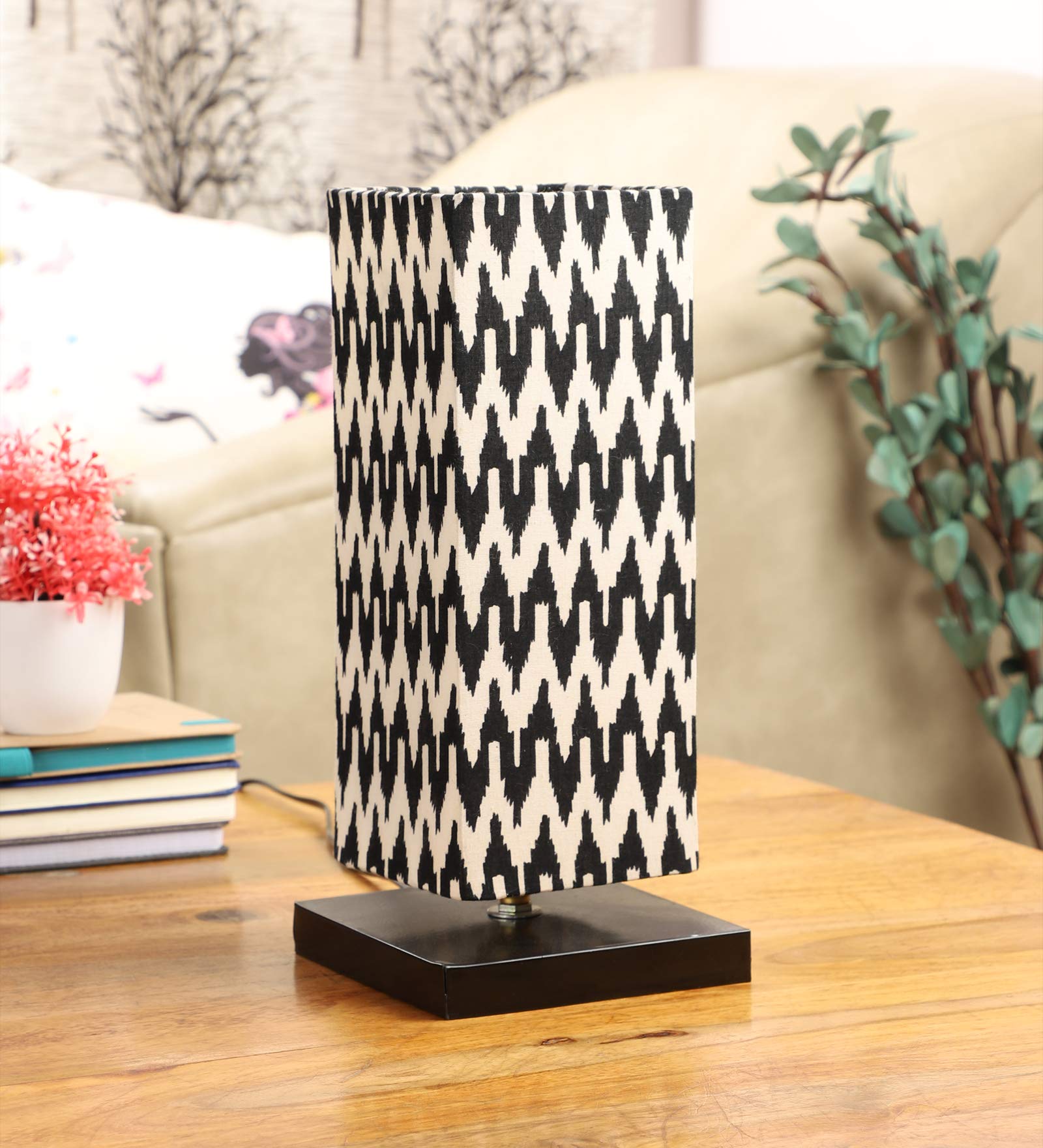 tu casa Table Lamps Black Metal Base with Black/White Cotton (Chevron Print) Shades for Home Décor, Bedrooms, Living Room, Gifting, Diwali Decoration, Dining Space, Study Room, Restaurants (H-12)-image-0