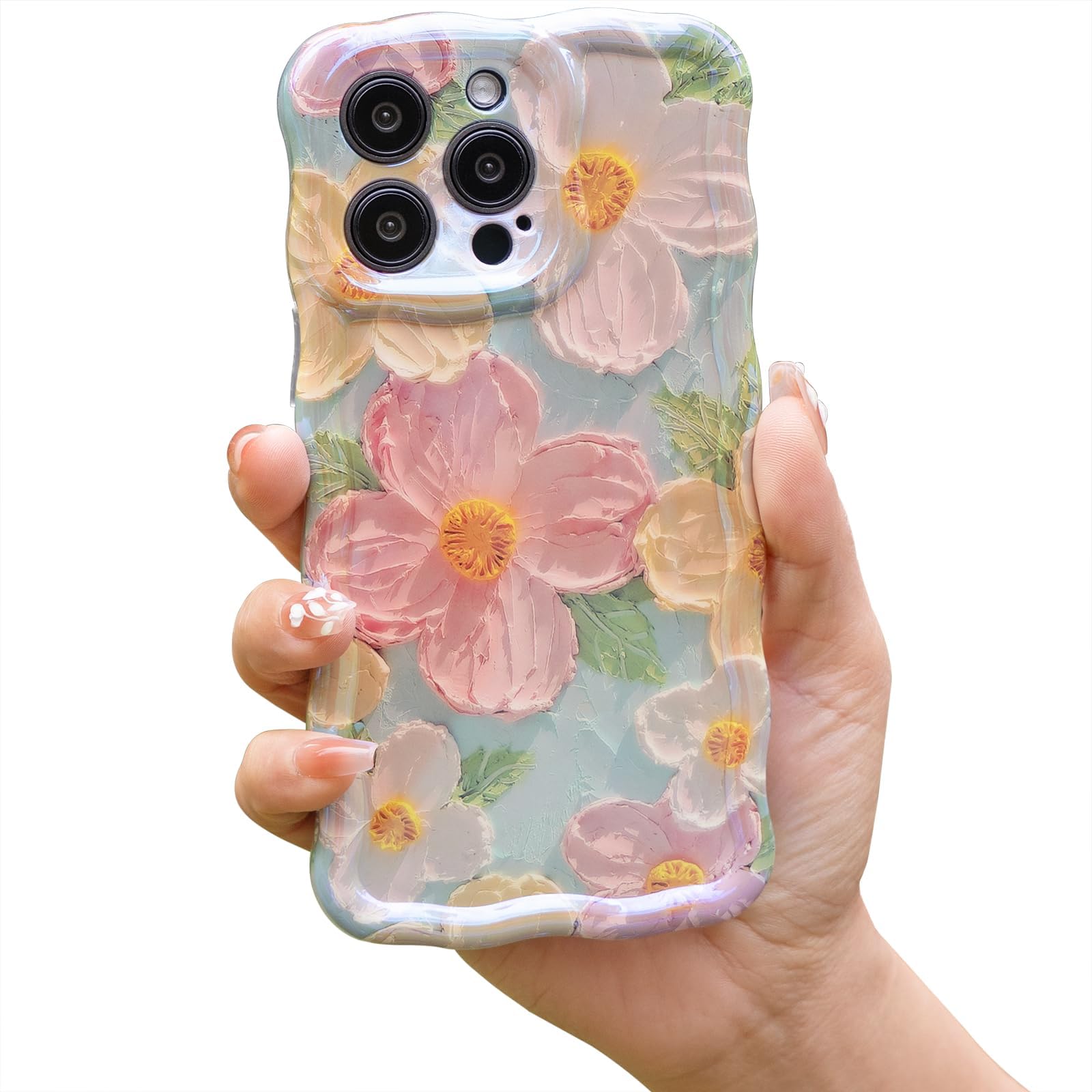 Cute Case for iPhone 12 Pro Max, Colorful Retro Oil Painting Printed Flowers Case, Fashion TPU floral Laser Beam Glossy Pattern Curly Waves Frame Shockproof Protective Case Cover for Girl Women