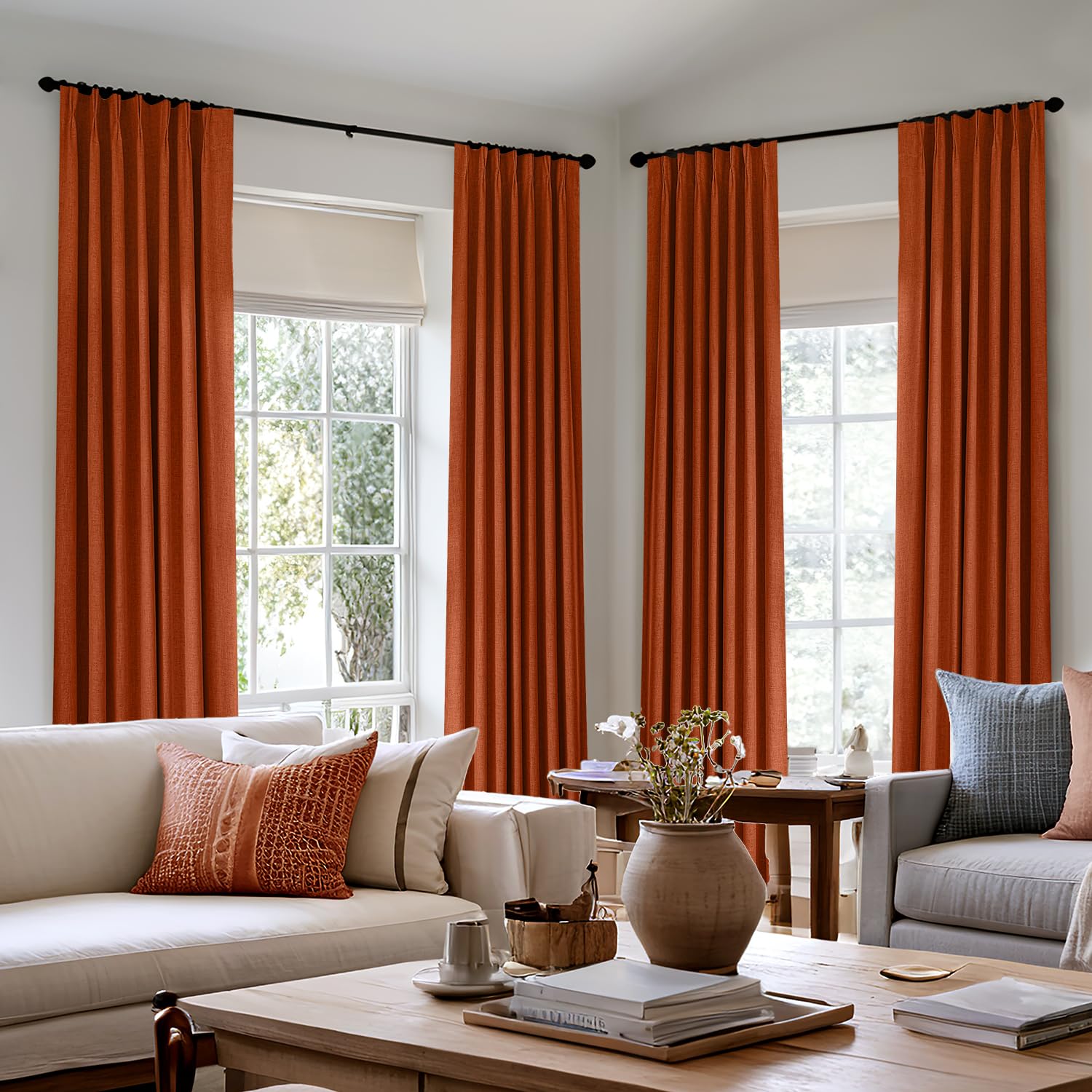 MIULEE Burnt Orange Pinch Pleated 100% Blackout Linen Curtains for Bedroom, Room Darkening Rust Terracotta Fall Curtains 84 inches Long for Living