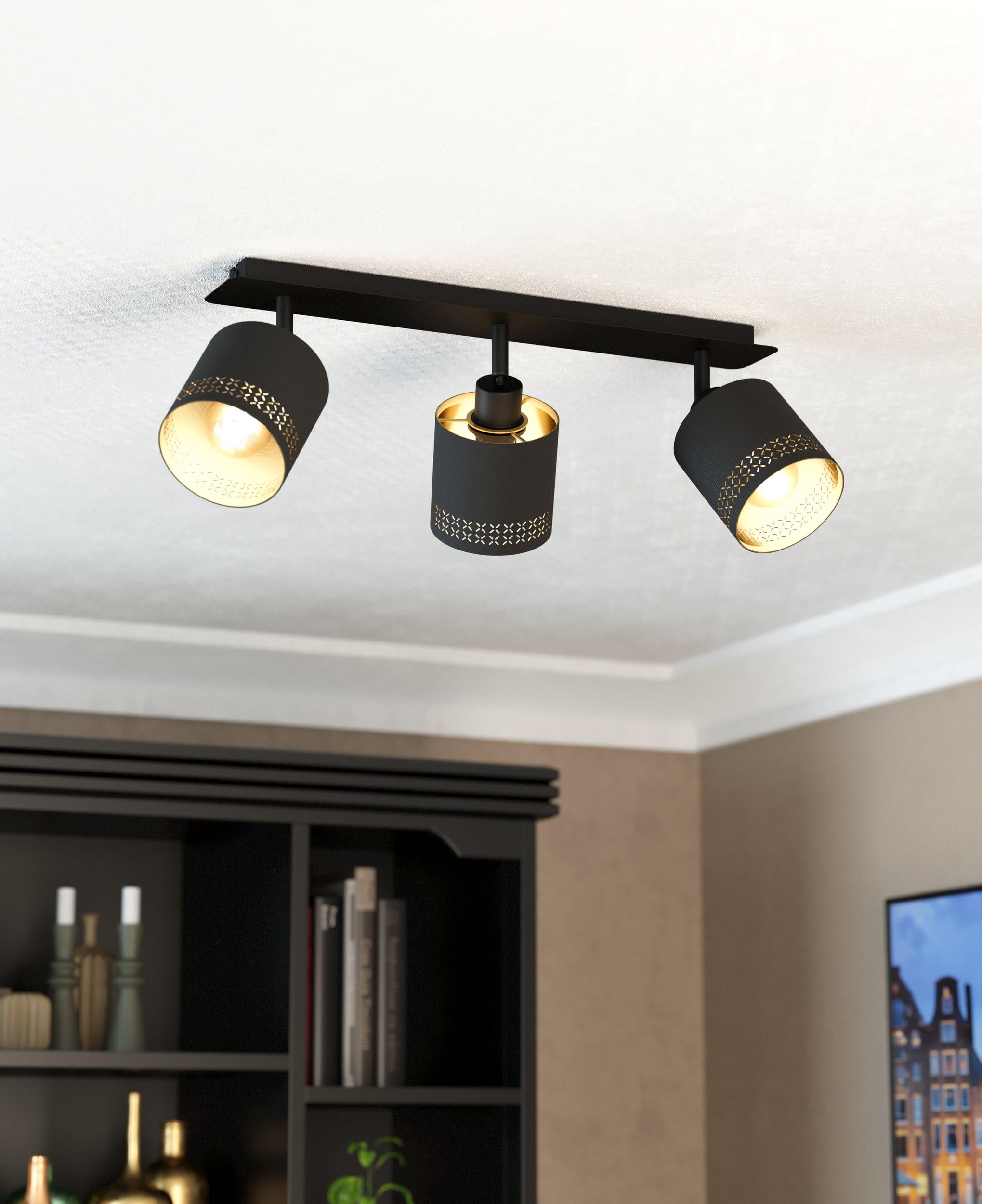 EGLO Deckenlampe Esteperra, 3 flammige Deckenleuchte Vintage, Retro | Deckenstrahler aus Stahl und Textil, Wohnzimmerlampe in Schwarz, Gold, Küchenlampe, Spots mit E27 Fassung