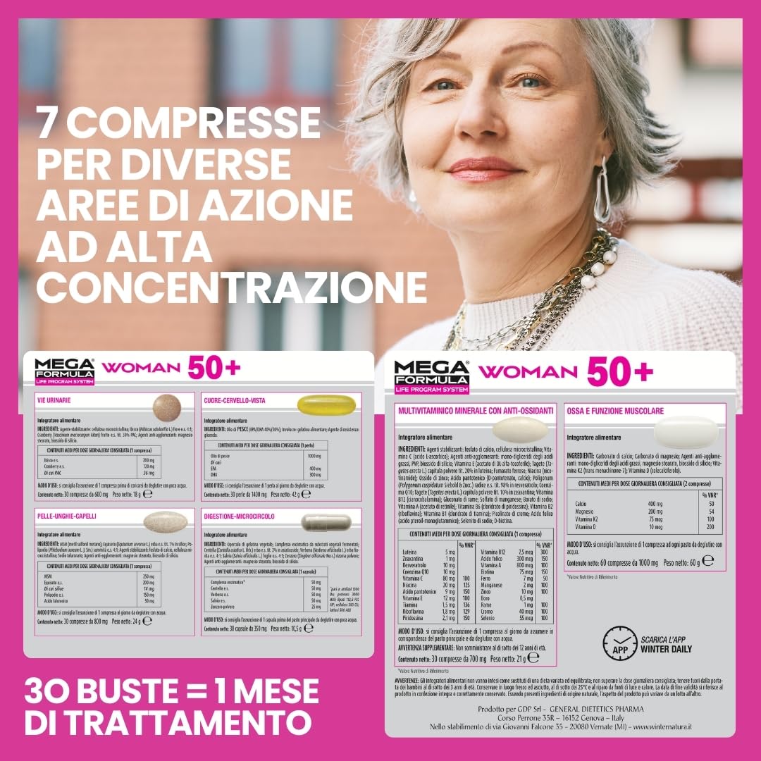 Winter Mega Formula Life Program Donna +50 - Multivitaminico Completo Bacopa Monnieri - Integratore Memoria Concentrazione, Crescita Capelli Veloce, Vitamine Donna Over 50-210 Compresse