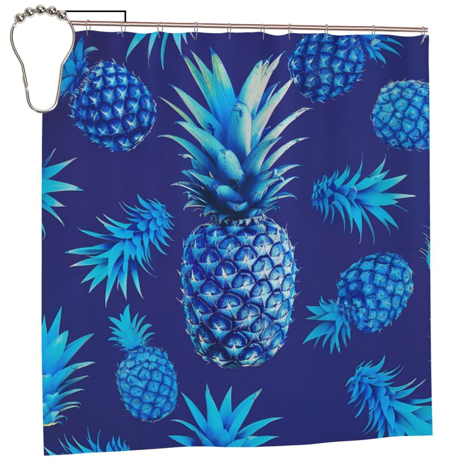 BWWHCCTI Blue pineapple Printed Shower Curtain With 12 Iron Hooks Opaque Quick Drying Waterproof Shower Curtains Sets For Bathroom 183x183 CM