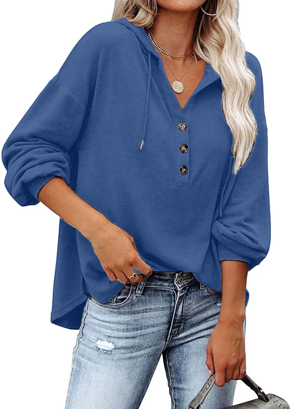 VIGVAN Kapuzenpullover Damen Hoodie Langarm V-Ausschnitt Pullover Knopfleiste Henley Sweatshirt mit Kapuze Kordelzug Oberteil