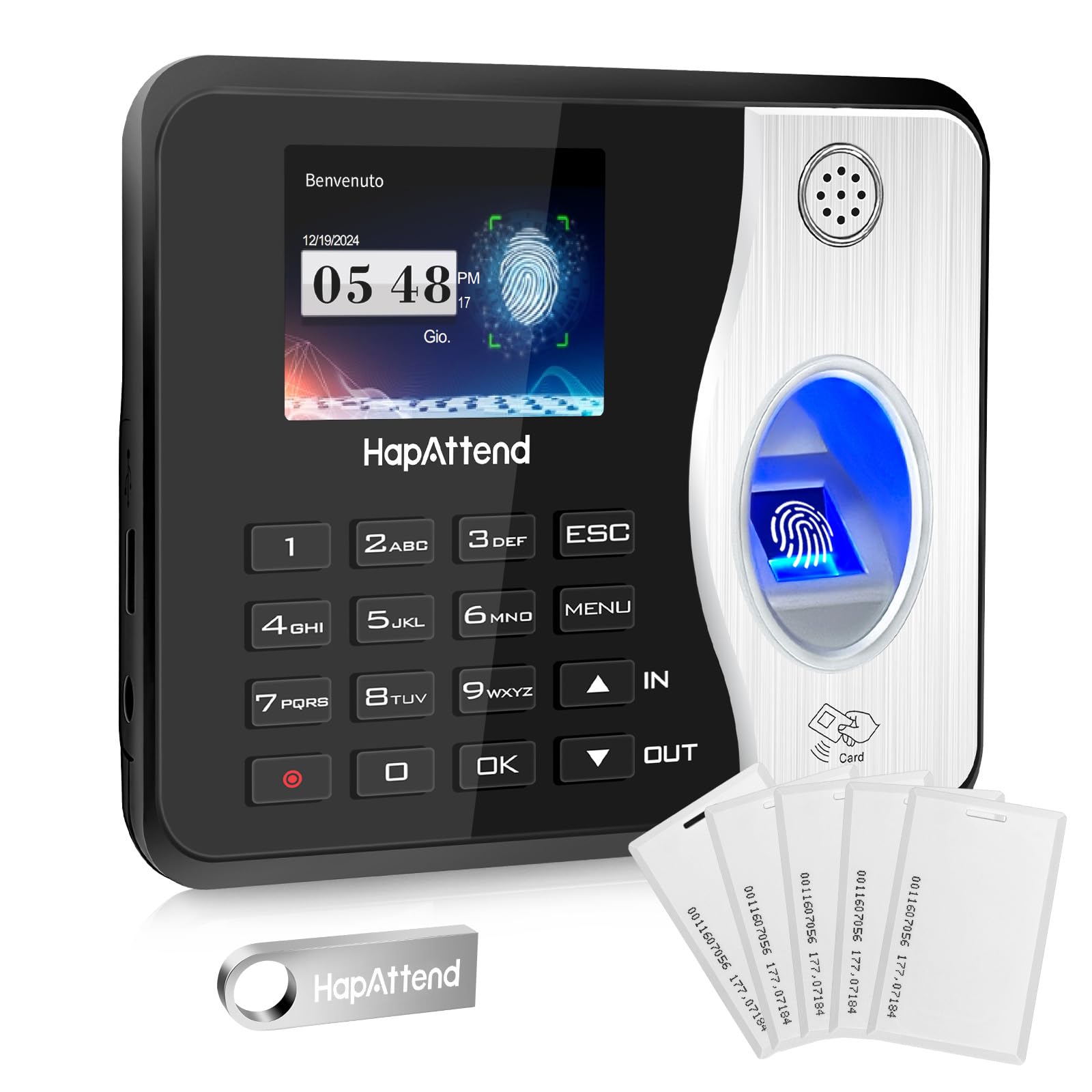 Rilevatore presenze, HapAttend Italiano timbracartellini lettore con impronte digitali e 5 badge RFID, H3 timbratrice presenze dipendenti Checking-in registratore orologio tempo per piccole imprese