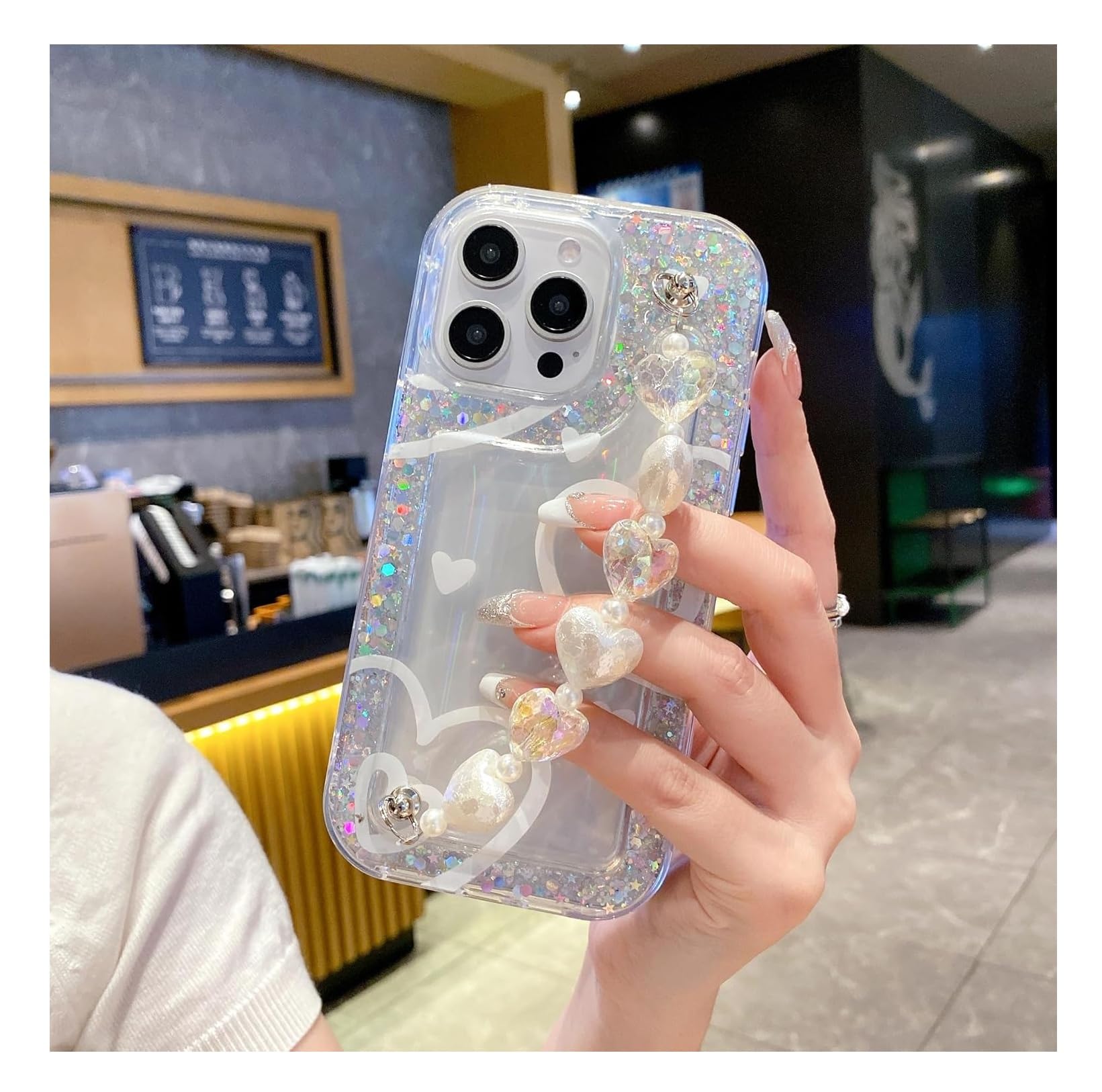 SPARKUP Glitter Heart Design Silicone Case with Heart Bracelet Chain I Back Cover for iPhone | Aesthetic Soft Shockproof Protective Transparent Covers for Girls & Women (iPhone 14)