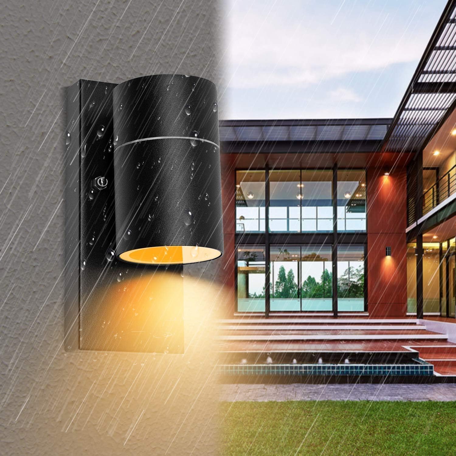 Applique da Esterno/Interno LED con Sensore Crepuscolare GU10,Luce Calda 5W,Lampada da Parete Esterno IP44 Faretto da Parete Moderno Nero per Scala,Corridoio,Balcone,Villa Bagno