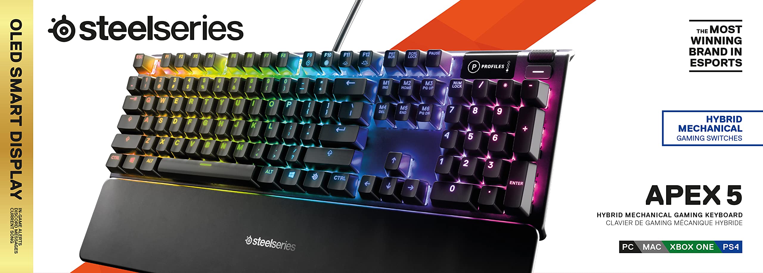 Steelseries Apex 5 - Clavier de Gaming Hybride Mécanique - Illumination RVB Par Touche - Affichage Intelligent Oled - Agencement Américain Qwerty