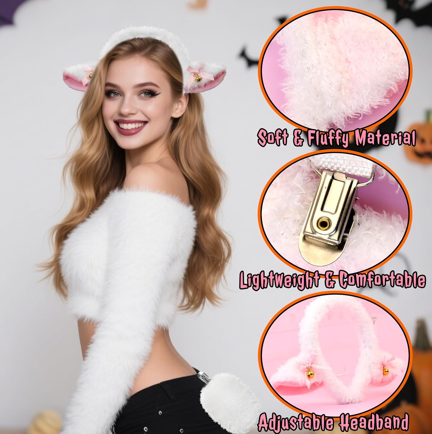 Lamb Sheep Ears Headband and Tail - Sheep Costume Accessories Women Adult, Halloween Party, Cosplay & Dress-Up Knit - Image 3