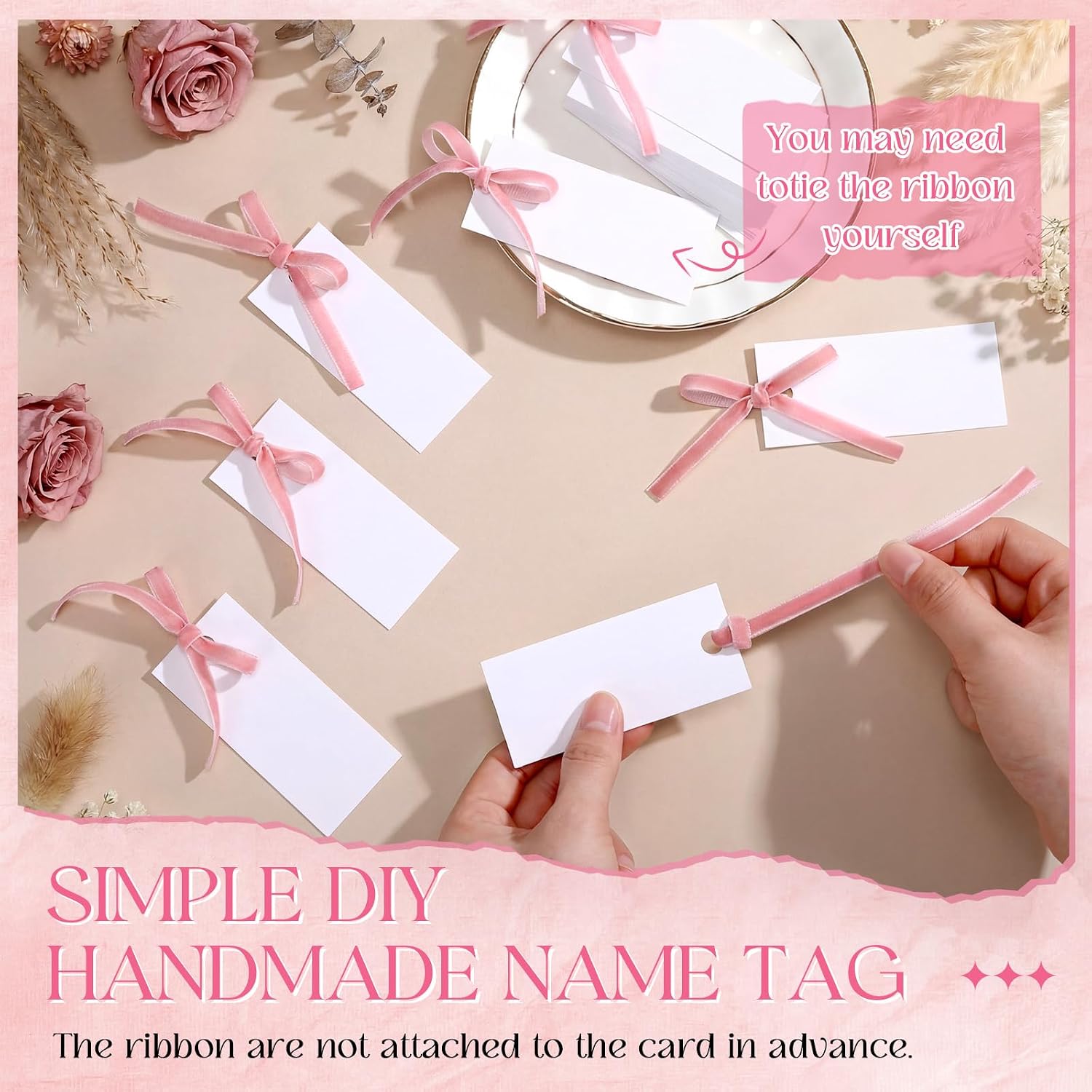 100 Pcs Wedding Place Cards with Velvet Ribbon, Name Place Cards for Table Setting 3.54 x 1.57 Inch with 11.8 Inch Ribbon for Wedding Reception Gift Tags Formal Events (Pink)