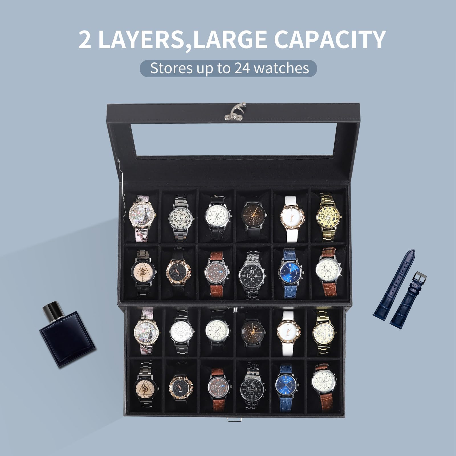 AUTOARK Caja organizadora de 24 relojes con tapa de vidrio y cajón de joyas de cuero y terciopelo, negro MKAW035