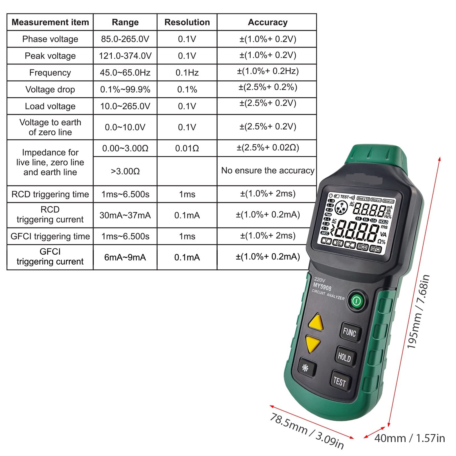 MY5908 LCD Cyfrowy analizator obwodów Napięcie GFCI RCD Tester usterek Linia dystrybucyjna niskiego napięcia Test awarii