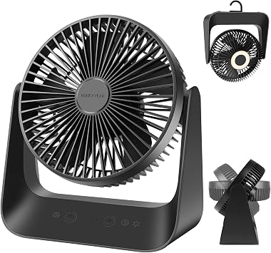 Desk Fan with Temperature control mode, 5000mAh USB Table Fan, 5 Speeds with Strong Airflow, Rechargeable Battery Operated Fan with Light & Hook for Bedroom Office Home Travel Camping black