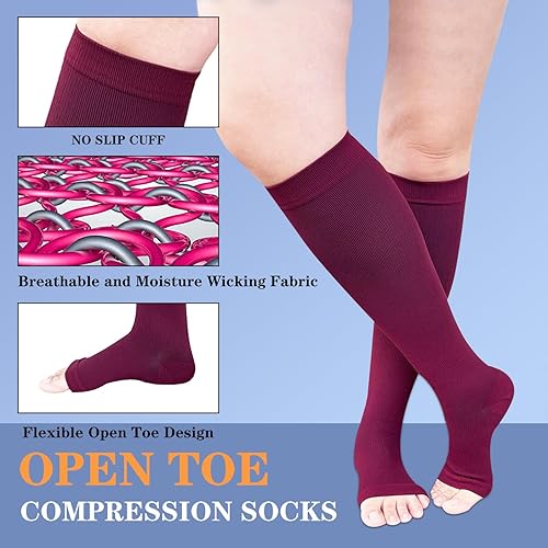 Miniatura 4 de Calcetines de compresión con punta abierta, 2 pares de 15-20 mmHg, soporte de circulación médica sin dedos de los pies, calcetines de compresión