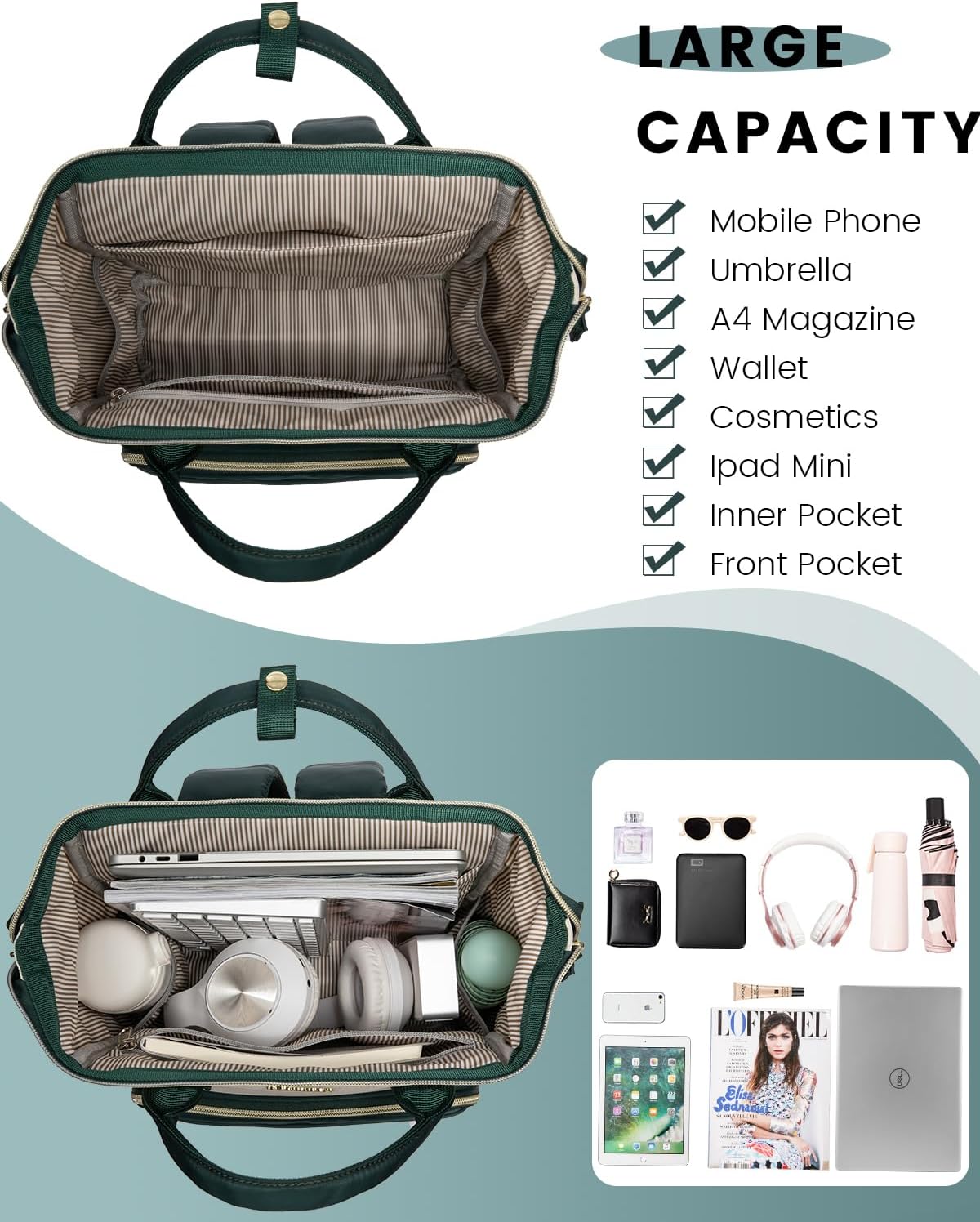 LOVEVOOK Mini Backpack for Women, Cute Small Backpacks Purse, Fashion Bag for Travel Work Gift, College Bookbag for School, Lightweight Daypack, White-Green - Image 3