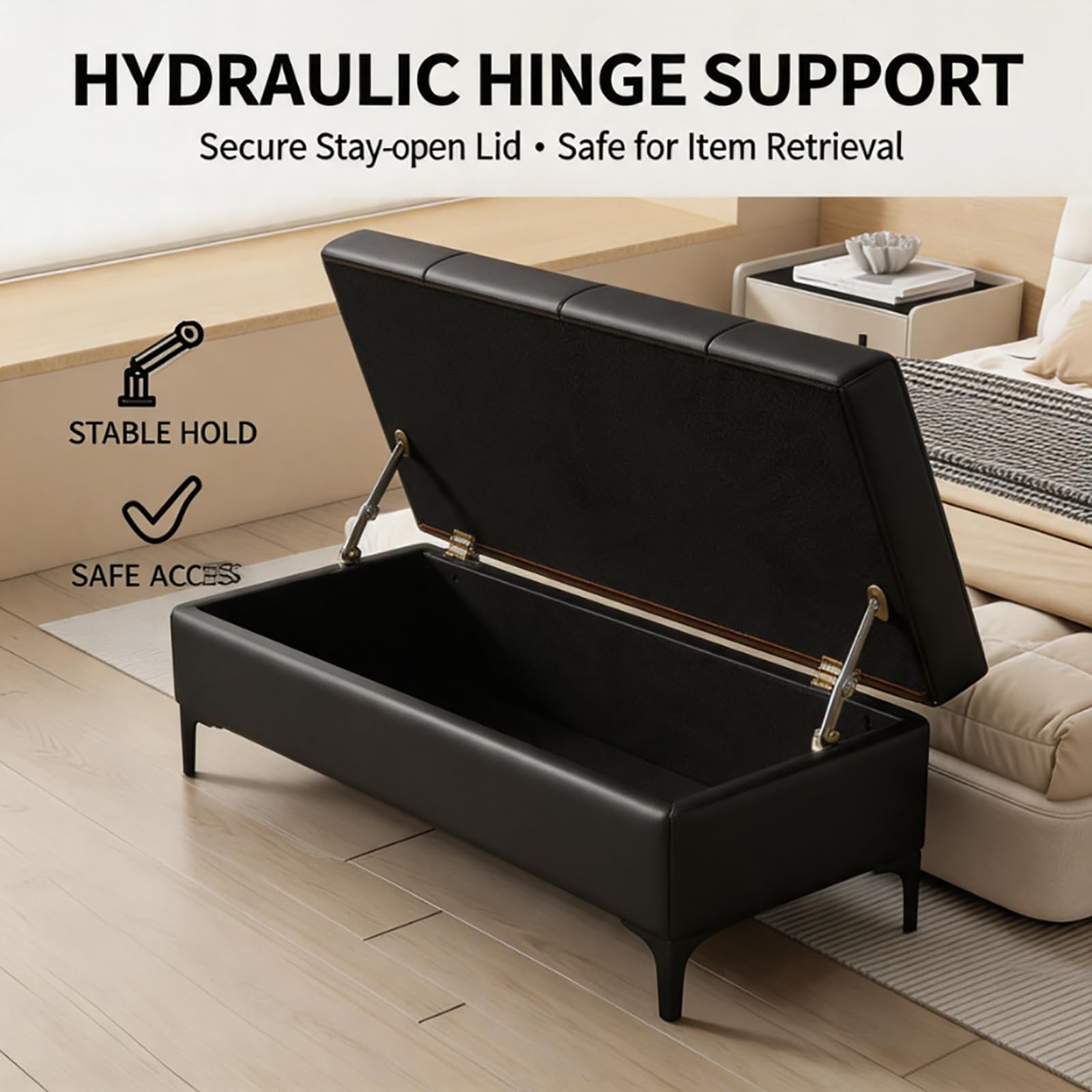 Sitzbank mit Stauraum Truhe gepolstert Bettbank mit Klappdeckel Sitzhocker stabil für Schlafzimmer Flur Wohnzimmer Polsterbank Aufbewahrungsbox aus Leder mit Metallbeinen(C,100cm/39.4in)